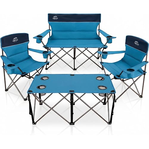 Oversized 4 Pcs Camping Chair Set with Table,Outdoor Folding Heavy Duty Lawn Chair,Cup Holder,Portable,Loveseat Chair Perfect for Family Hiking,Picnics and Beach Trips,Light Blue