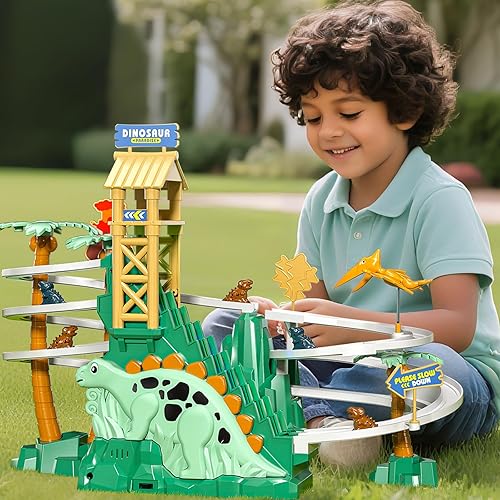 Miniatura 5 de Juguete de escalera deslizante de dinosaurio para niños pequeños de 3, 4, 5, 6, 7, 8 años, juego de carreras de pistas, juguete de auto deslizante,