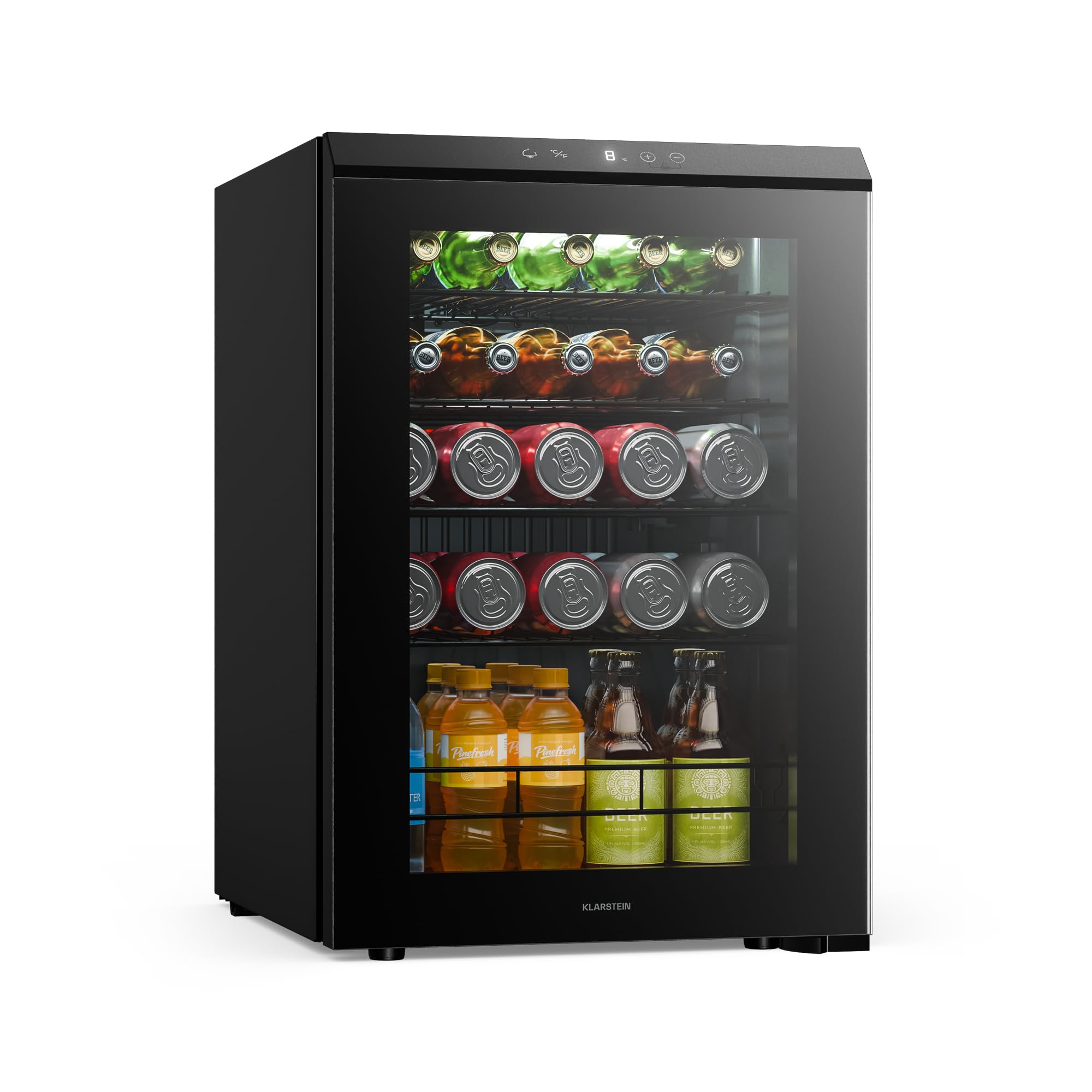 KLARSTEIN Nevera para bebidas Bevora 62 L – Nevera para bebidas con puerta de cristal, control táctil, iluminación LED, temperatura ajustable de 1 a 12 °C, 2 estantes