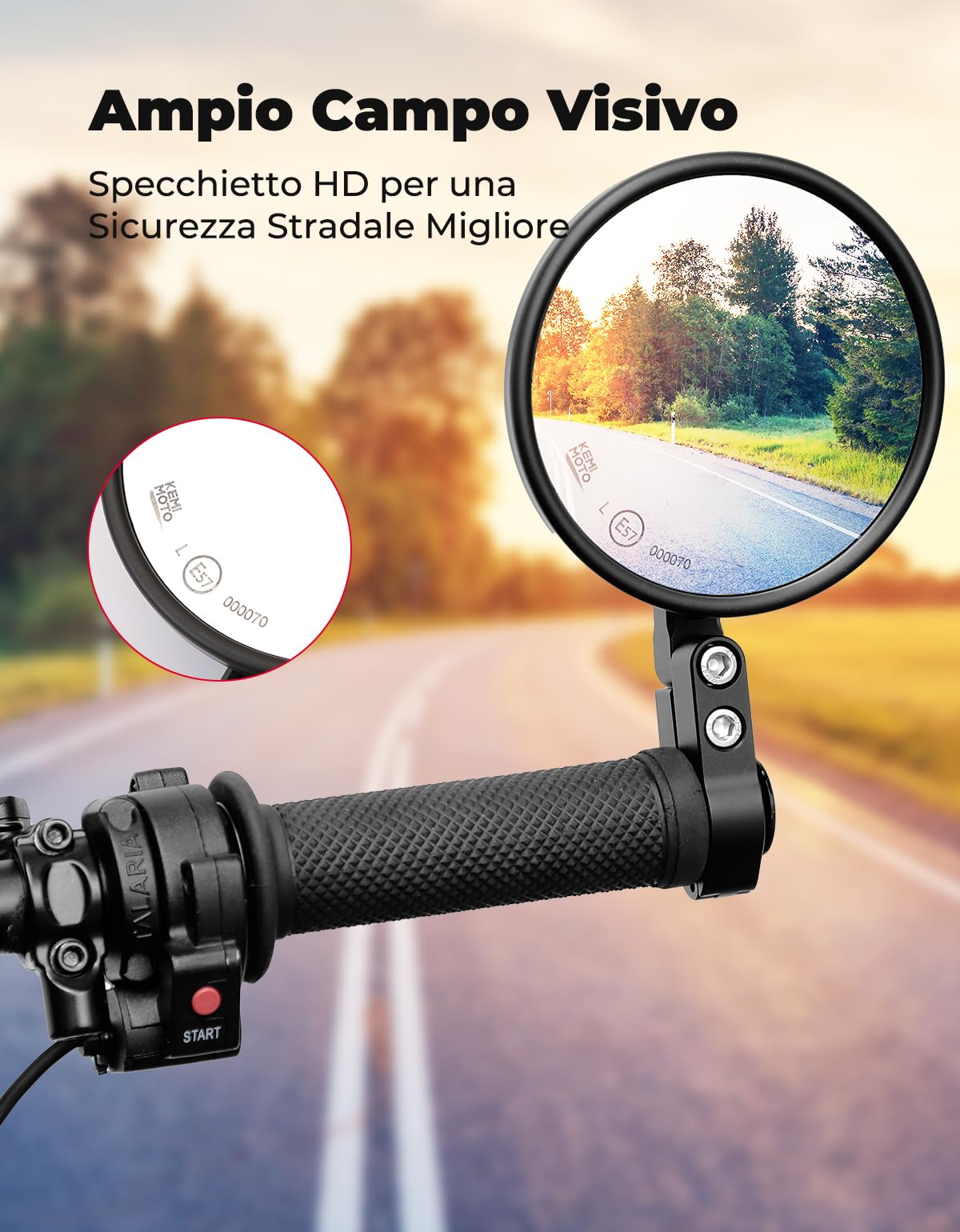 KEMIMOTO Specchietti Moto Omologati E57, 2 Pezzi Specchietto Retrovisore Manubrio con CNC, Tondi Specchi Moto Compatibili con Motocicli, Scooter, ATV
