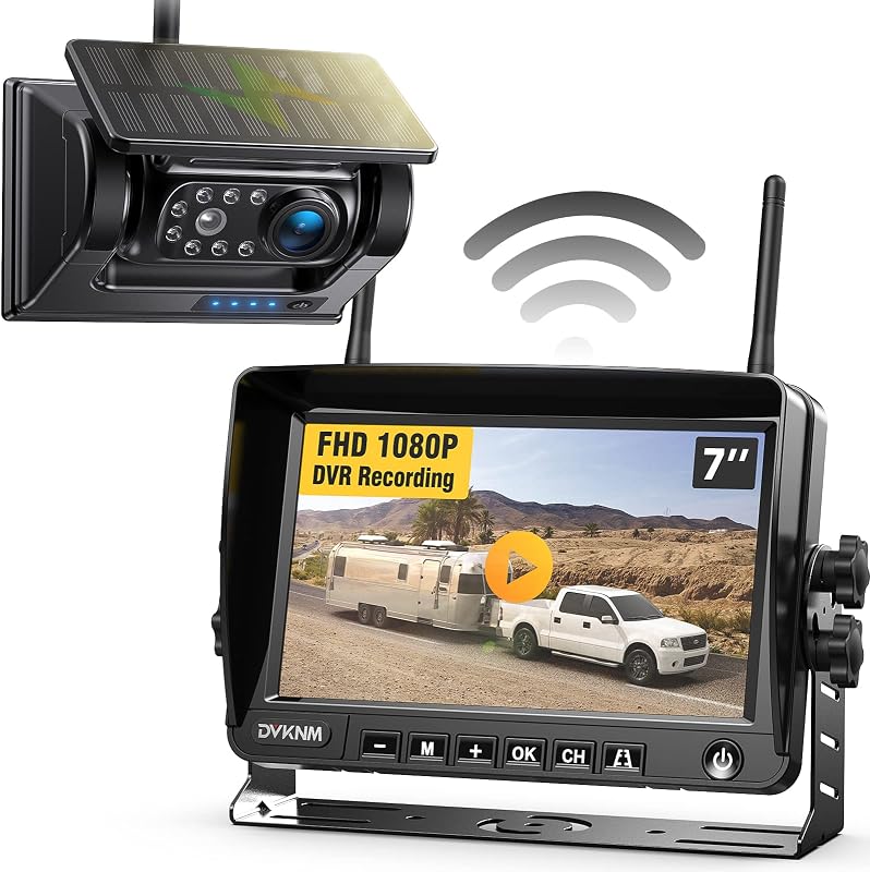 Cámara de respaldo inalámbrica solar magnética con monitor DVR IPS 1080P de 7" | Configuración de bricolaje de 1 minuto Sistema de cámara inversa recargable para enganche de cuello de cisne Remolque de caballo Quintas ruedas RV Camper Camión auto AP7