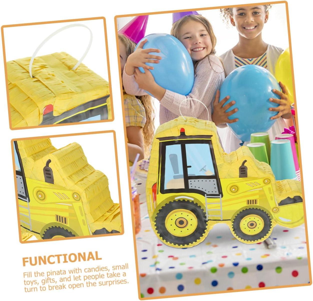 Excavator Pinata with Bat for Birthday Fiesta Party Supplies Construction Truck Theme Yellow Pinata for Hanging Decoration and Candy Filling for Birthday and Celebration Games