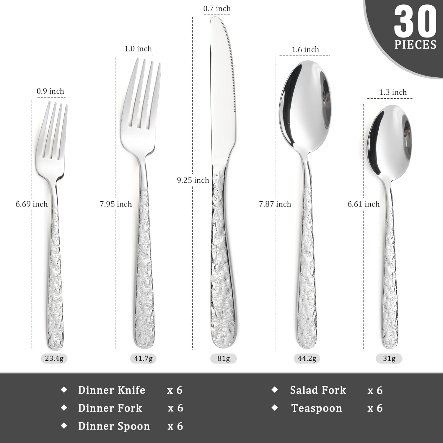 HiFind Hammered Silverware Set, 30-Piece Stainless Steel Square Flatware Set for 6, Stainless Steel Premium Cutlery with Unique Ripple Handles Design Mirror Polished, Dishwasher Safe