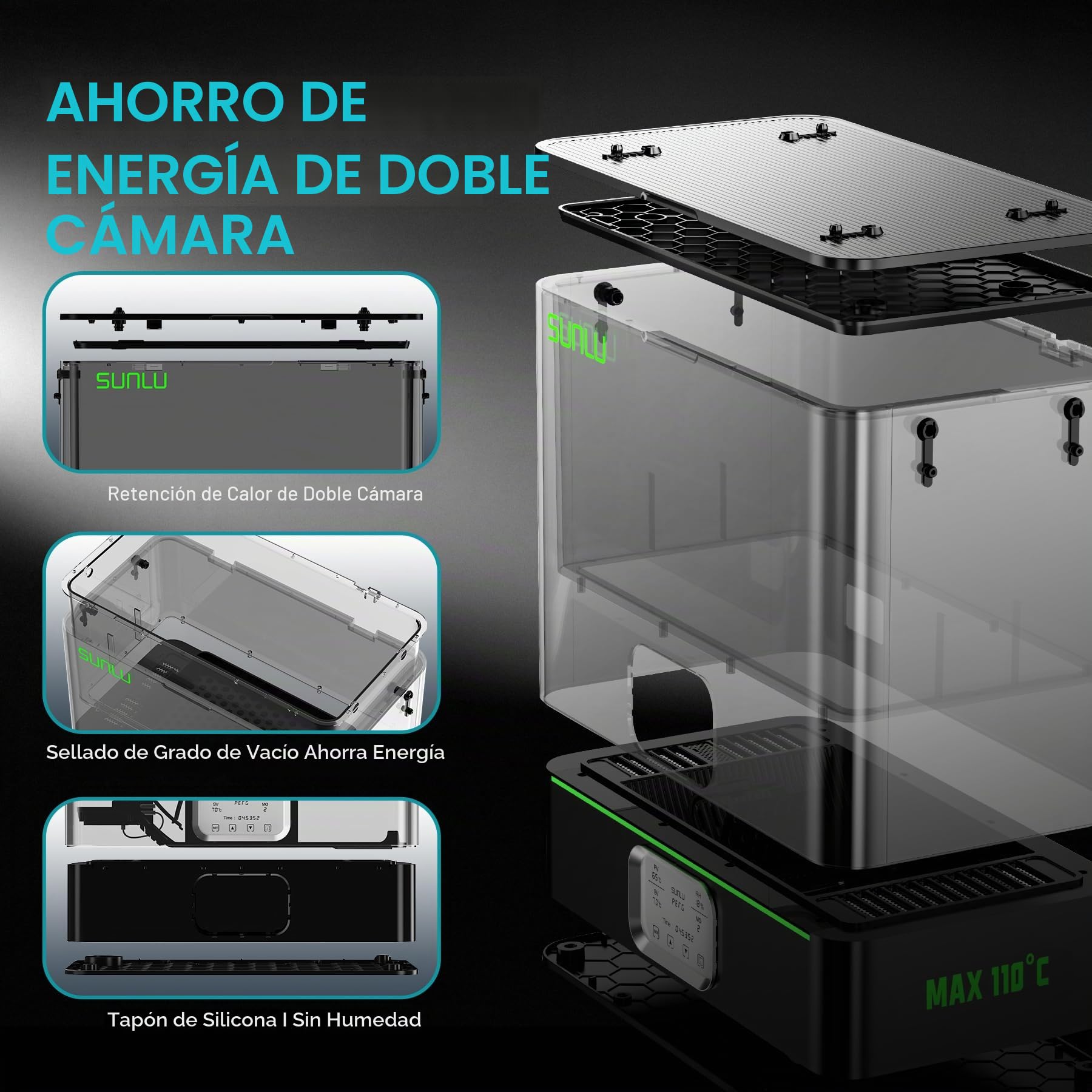 SUNLU Oficial E2 Secador de Filamento, 110°C Máx, Calentador PTC 500W, Secado y Recocido 2-en-1, Cámara Dual para Filamentos Técnicos PC PA-CF FR-ABS (Negro)