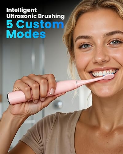 Miniatura 7 de Onlyone Sonic Pro Cepillo de dientes eléctrico, rosa, tecnología ultrasónica con pantalla LED, 5 modos de limpieza, recargable, incluye base de