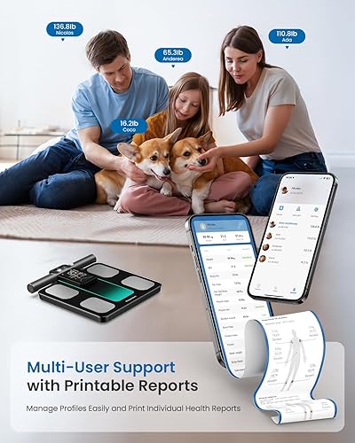 Miniatura 8 de Báscula para peso corporal 8 electrodos de doble frecuencia Medición BIA Báscula digital de baño con mango Pantalla VA 28 métricas corporales