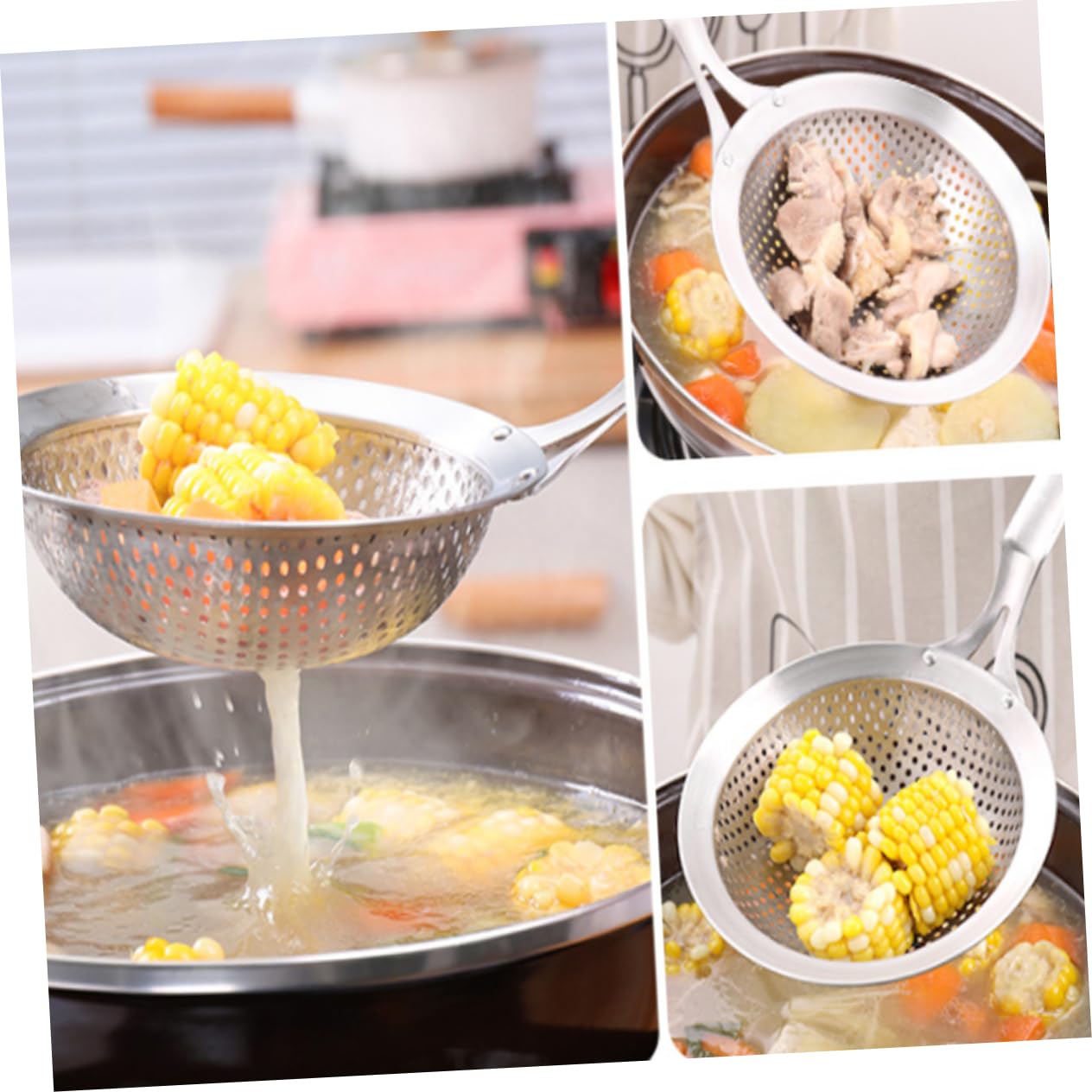 Juego de 2 coladores de cocina de acero inoxidable - Juego de colador de comida de cocina asiática y cesta para cocinar al vapor con colador de cuchara - Filtro de metal duradero para cocinar y freír