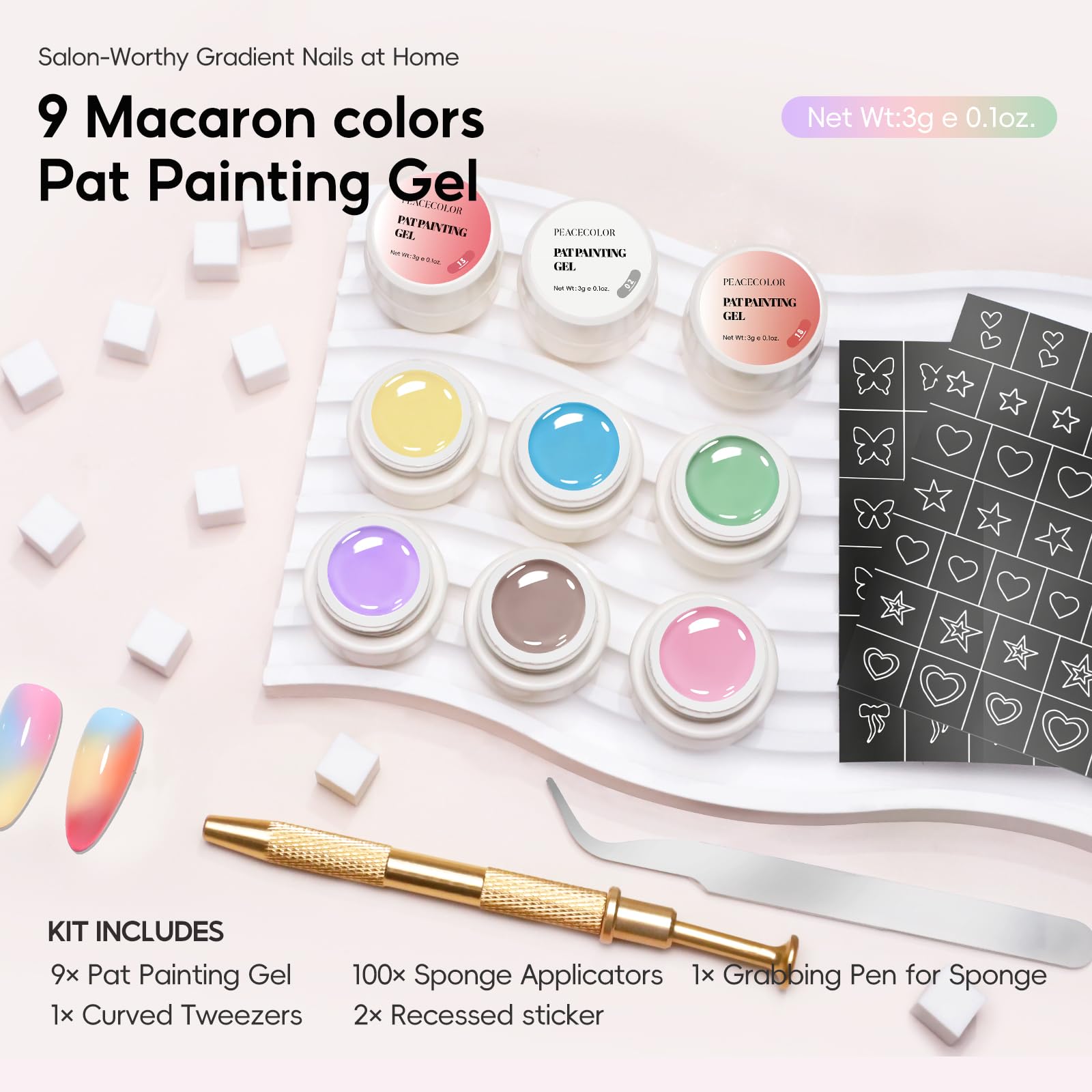 PEACECOLOR Gradient Painting Gel Nail Polish Set, 9 Colors Ombre Gel White Pink Red Yellow Spring Summer Color with Nail Sponges Metal Grabber French Manicure DIY Nail Art