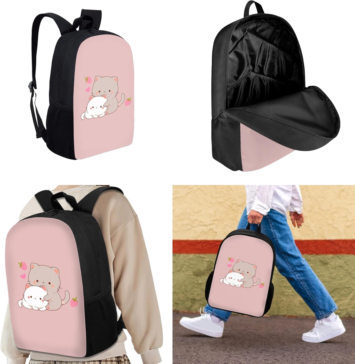 Kitten Cat School Bags Set for Teen Girls Kids Backpack with Lunch Box and Pencil Bag Strawberry Bookbag Student Satchel Shoulder Schoolbag Primary Middle School Satchel - Image 2