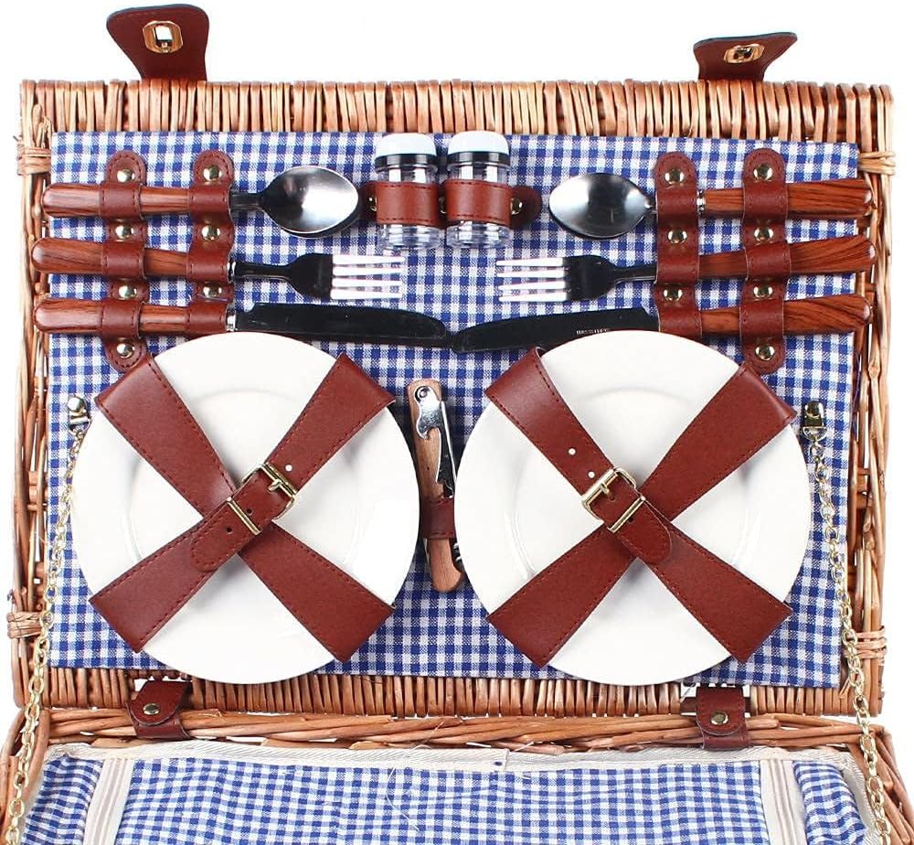 4-Person Handmade Wicker Picnic Basket Set, with Insulated Cooler Compartment, Complete Cutlery Kit, for Outdoor Parties, Picnics, Beach Trips