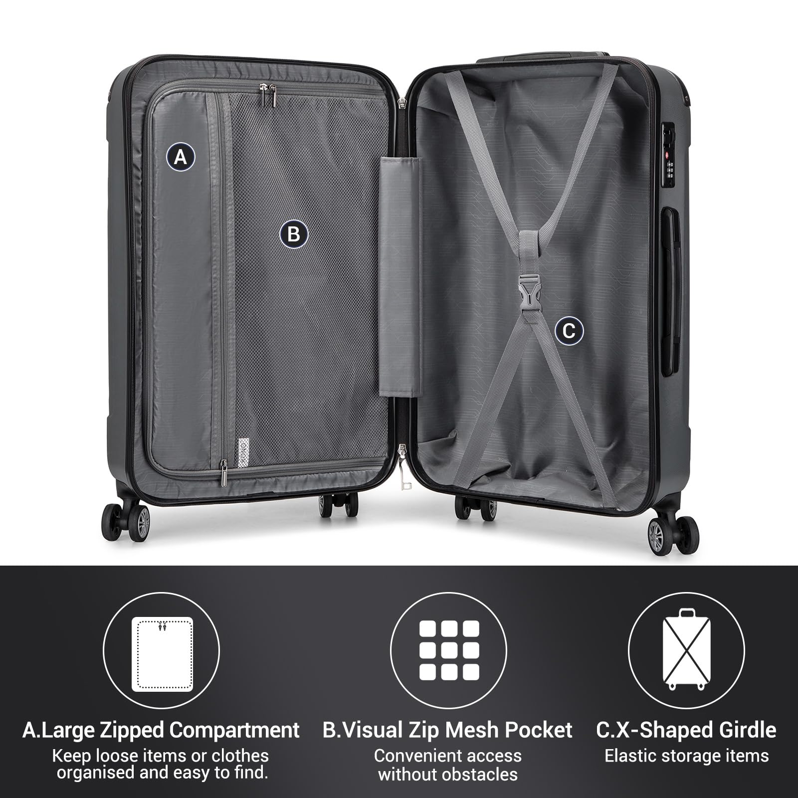 KONO Valigia Bagaglio a Mano 55x35x20cm Rigida e Leggera Trolley Piccolo in ABS con 4 Ruote Valigie da Viaggio, Grigio