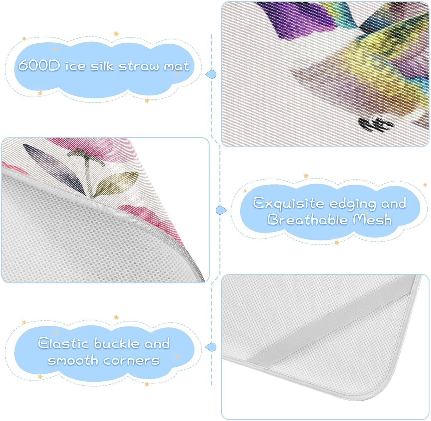 Cooling Baby Fitted Mattress 28" x 52" Washable Hummingbird Floral Watercolor Pink Purple Mattress Protector Pads for Baby&Toddler
