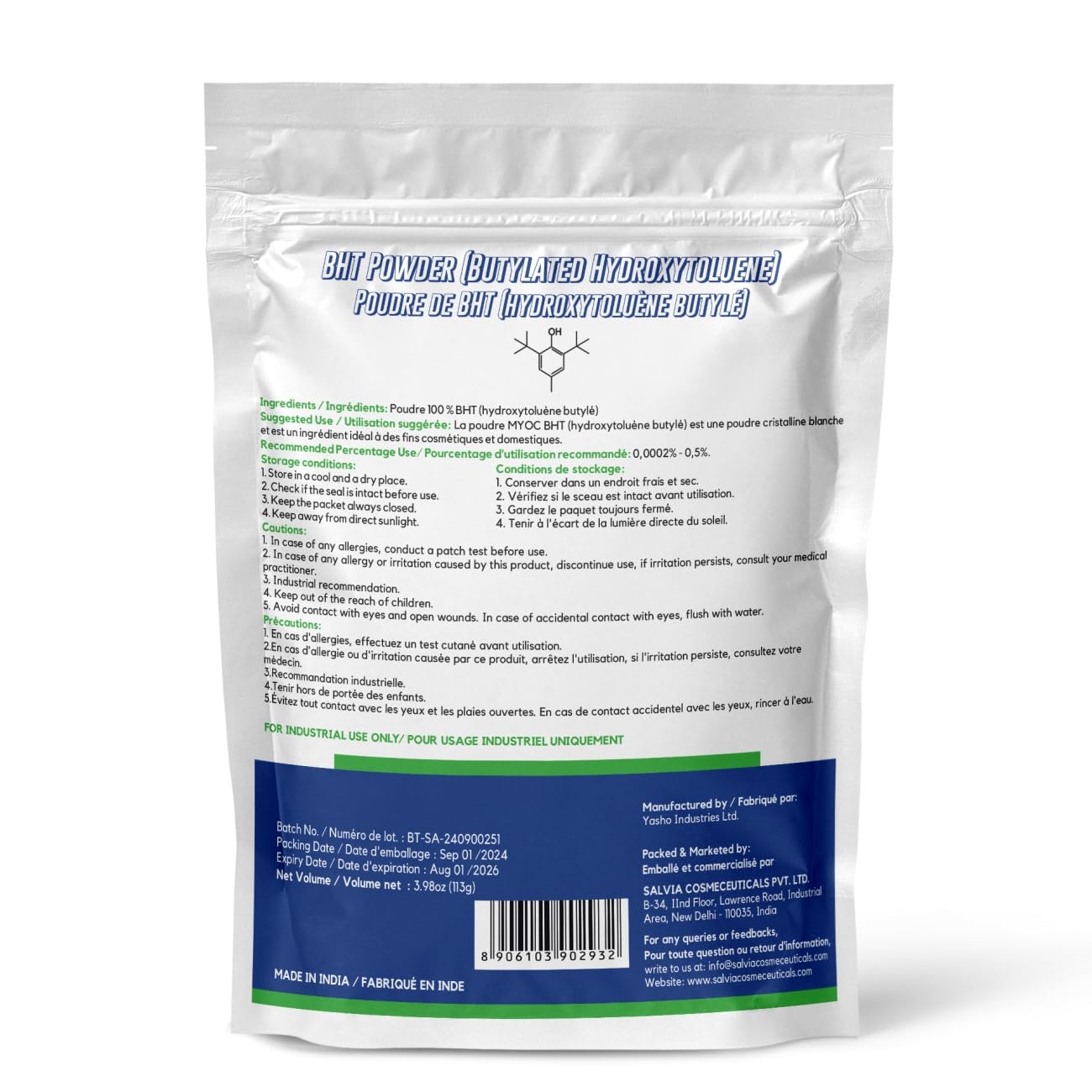 BHT Butylated Hydroxytoluene Powder, BHT Powder Bulk, Cosmetics, Paraben Free & Non GMO - 113 Gm