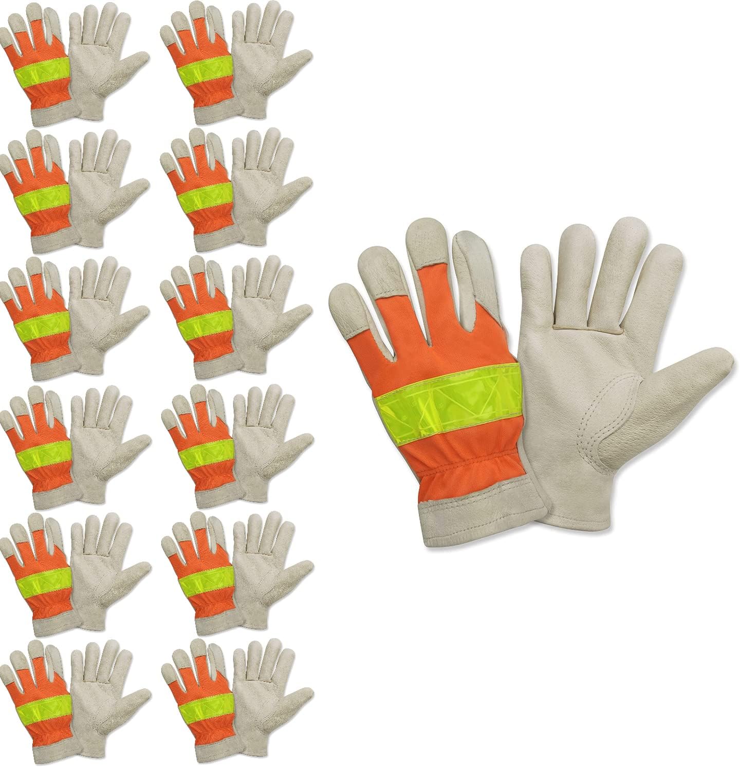 Cordova F8821S Premium Grain Pigskin Driver Gloves, Unlined, Hi-Vis Orange Back, Lime Reflective Tape On Back, Keystone Thumb, Small, 12-Pack