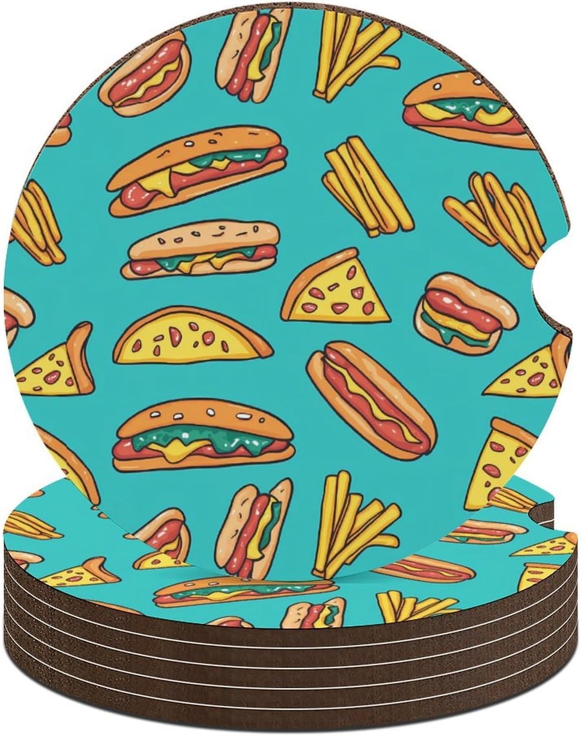 Hot Dogs Pizza Slices Cute Car Coasters 2.56 Inch Absorbent Cup Holder for Drinks Auto Interior Accessories
