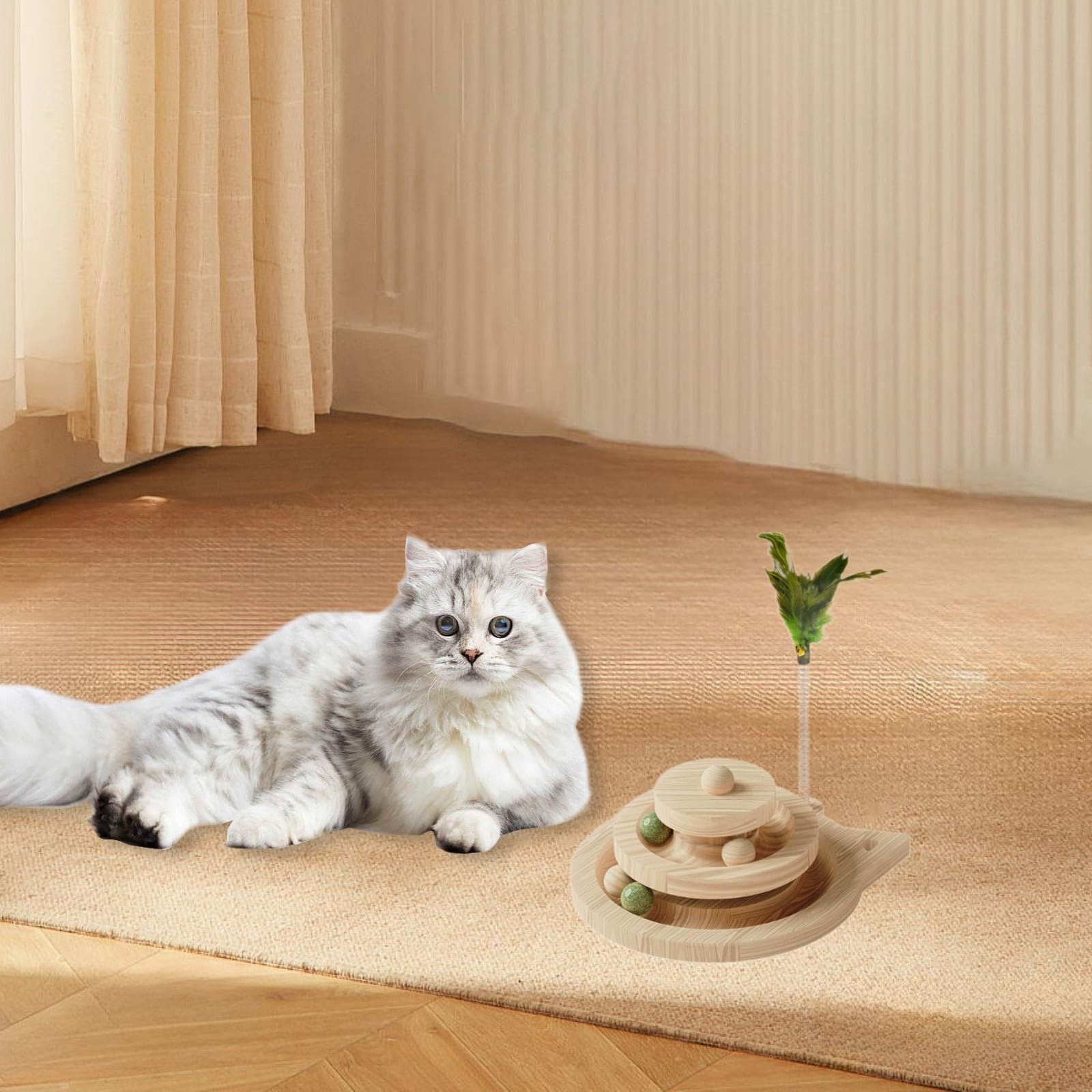 Circuit à Balles en Bois Créatif à 2 Niveaux pour Chatons