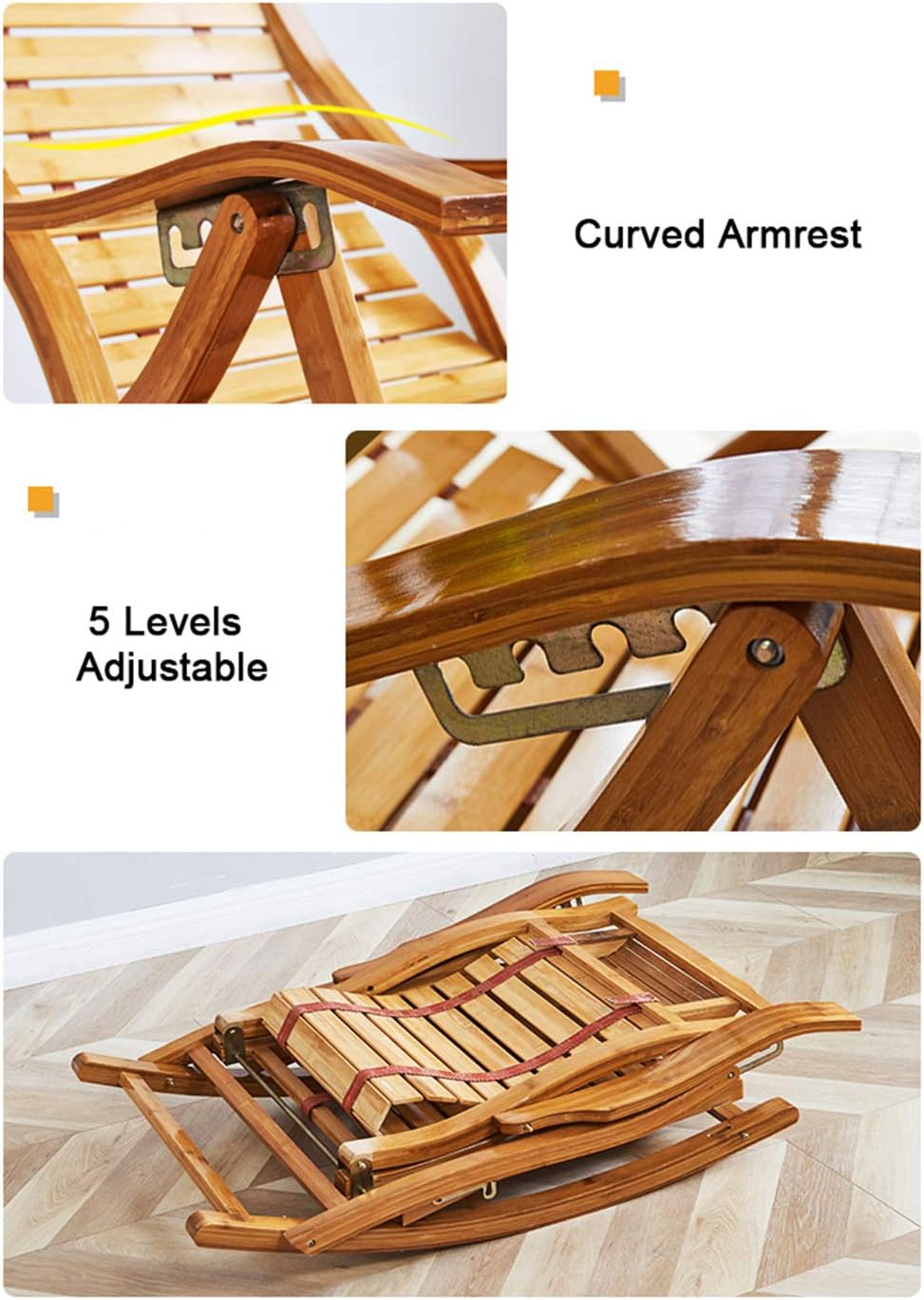 Reclining Garden Chair Bamboo Wood Folding Rocking Chair for Adult Sunbed Adjustable Sun Loungers Recliner for Patio, Poolside and Camping