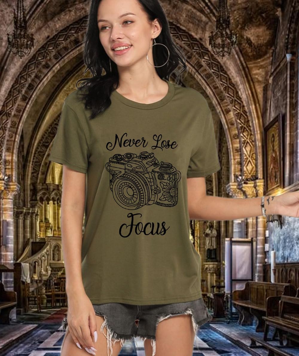 Never Lose Focus Shirt Women Camera Graphic Cute O-Neck Short Sleeve T-Shirt Top - Image 3