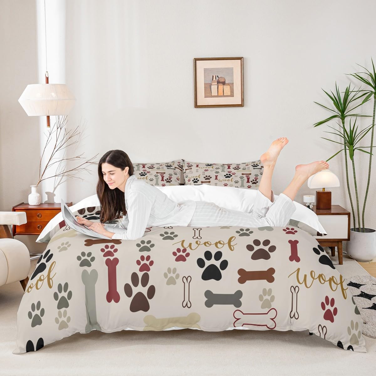 Dog Paw Print Duvet Cover Set Queen Size,Bone Pattern Bedding Set 3pcs for Kids Teens Girls Boys Room Decor, Pet Animal Comforter Cover Cartoon Quilt Cover with 2 Pillowcases