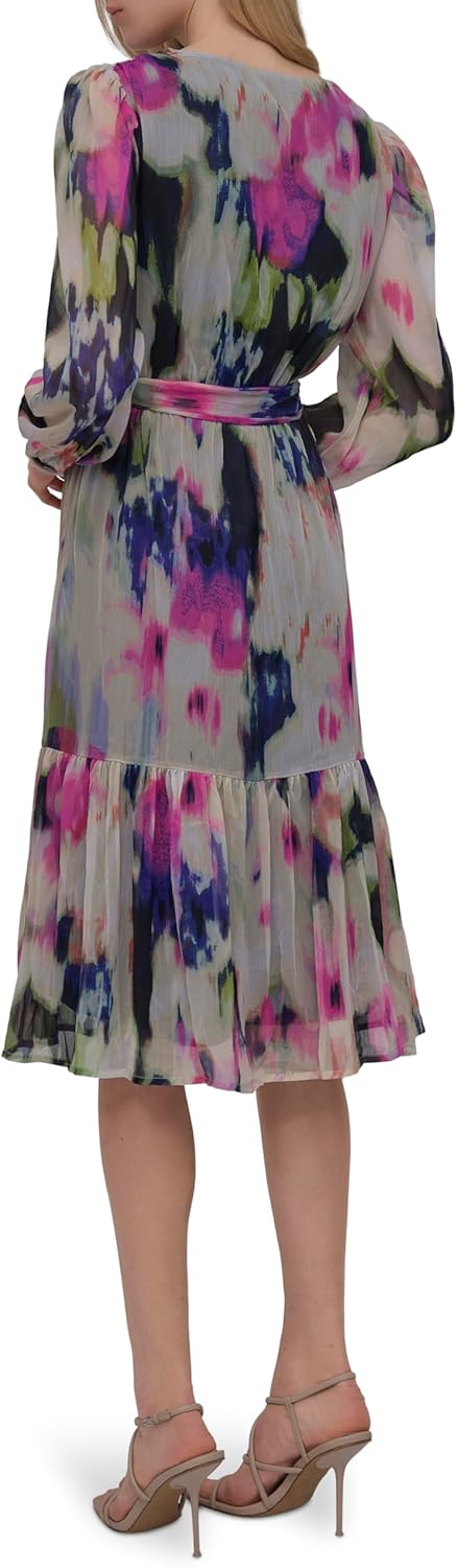 DKNY Womens Long Sleeve V-Neck Tie Waist Midi Dress - Image 4