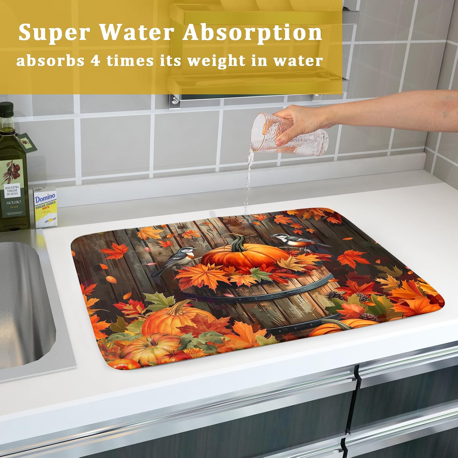 Fall Pumpkin Dish Drying Mat for Kitchen Counter 18x24 Inch Autumn Maple Leaves Microfiber Drying Mats Absorbent Reversible Thanksgiving Day Dish Pad Autumn Orange Dish Mats for Drying Kitchen Decor