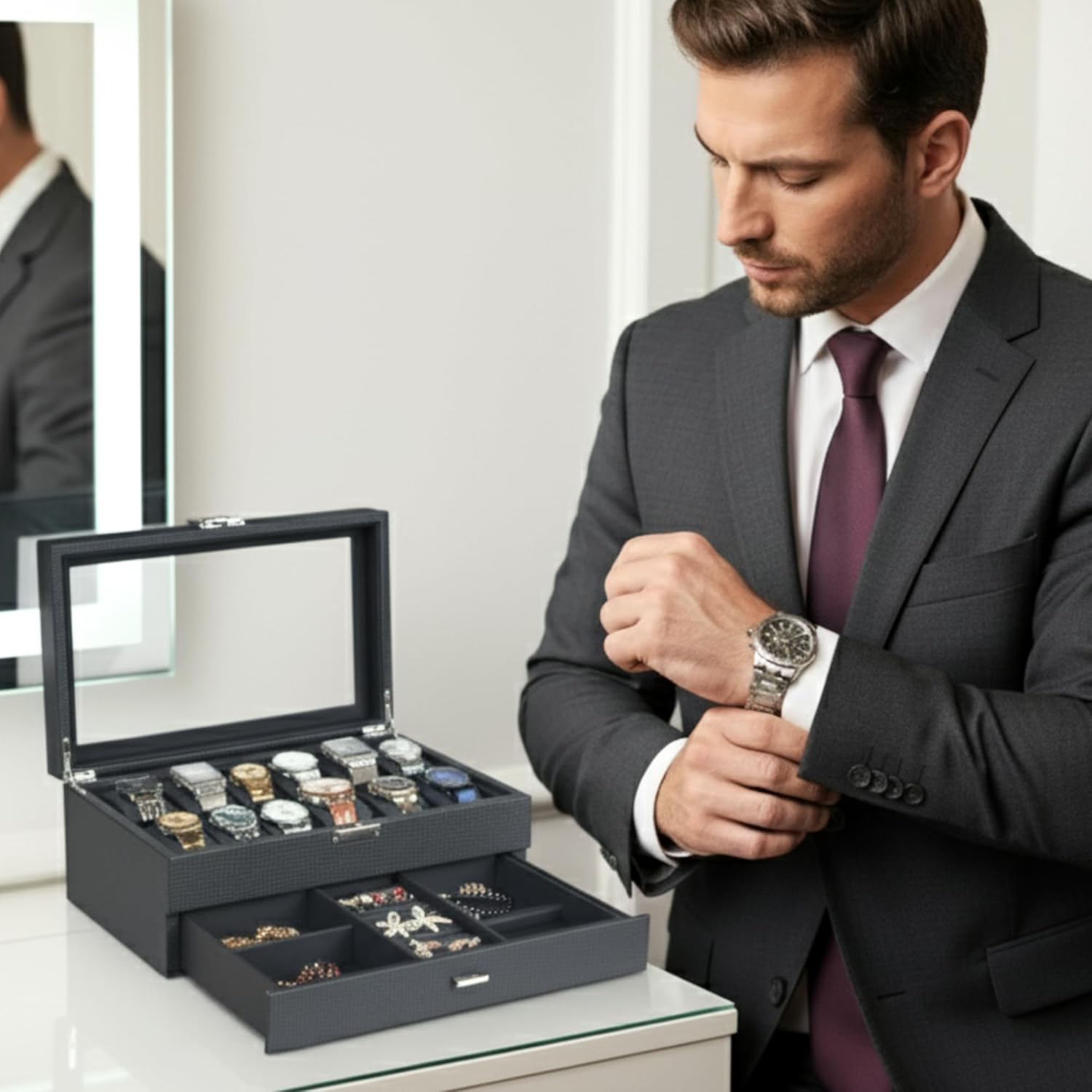 Watch Box, 12 Slot Mens Watch Case With Drawer, 2-Layer Watch Display Case With Glass Lid, Mens Jewelry Box Storage Holder Organizer, Anniversary Birthday Valentine Gifts for Men Women