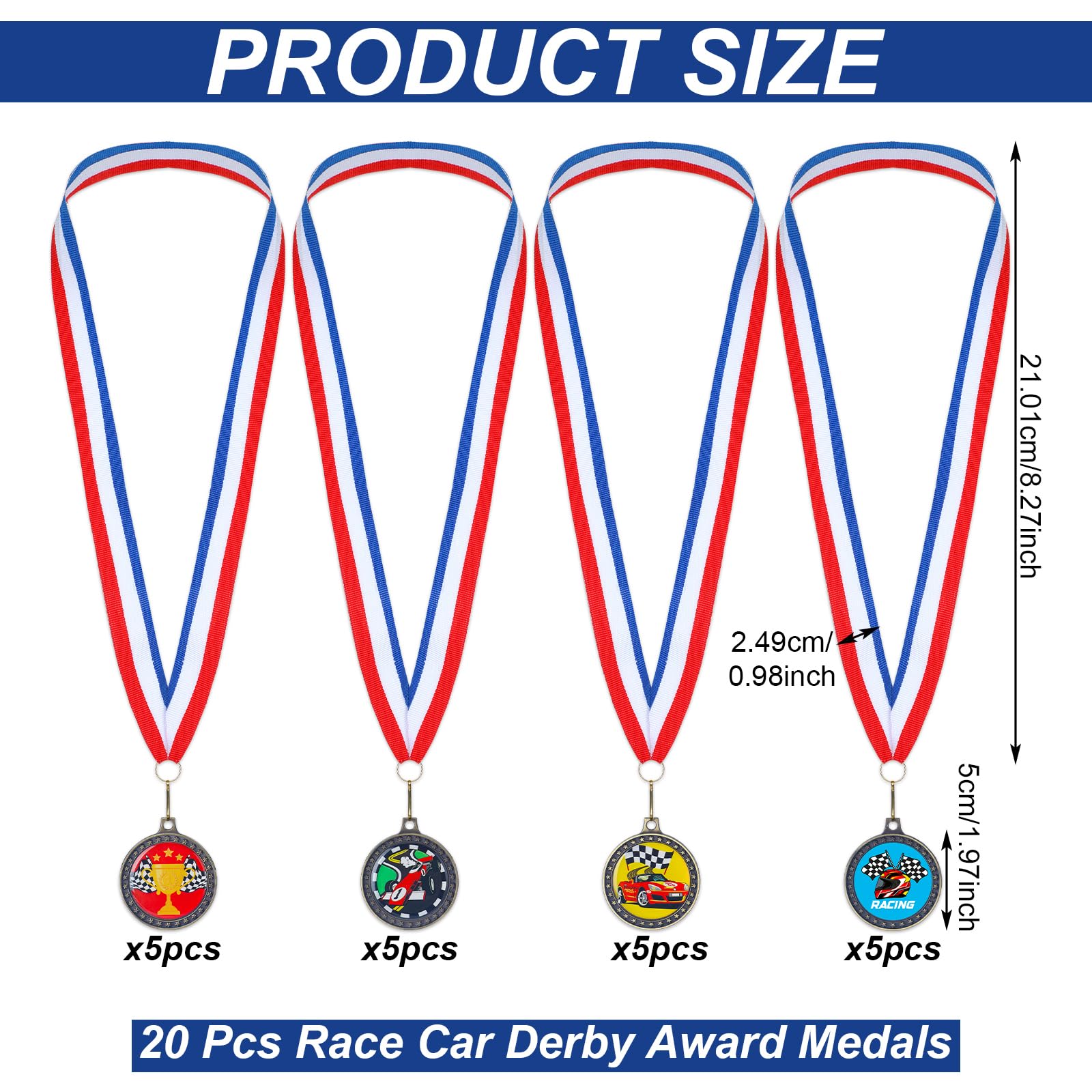 Huquary 20 medallas de premios Derby de coches de carreras con cinta para el cuello, premios de trofeo de metal, medallas para ganadores, medallas de participación de trofeos de coche, medallas de