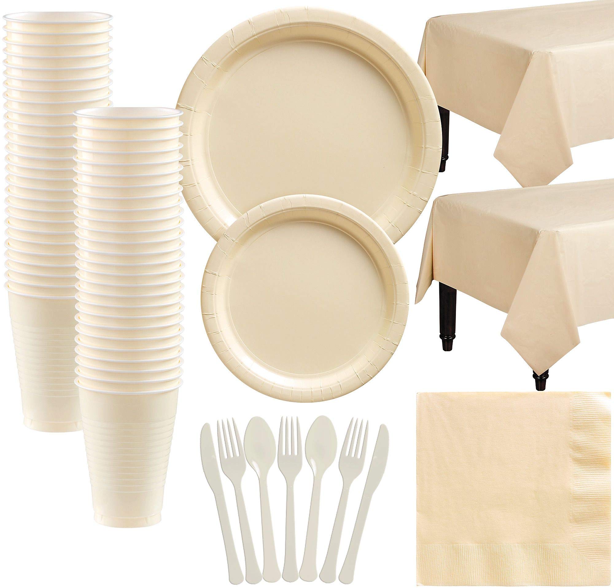Party City Big Party Pack Vanilla Cream Paper Tableware Kit and Supplies for 50 Guests, Includes Table Covers and More