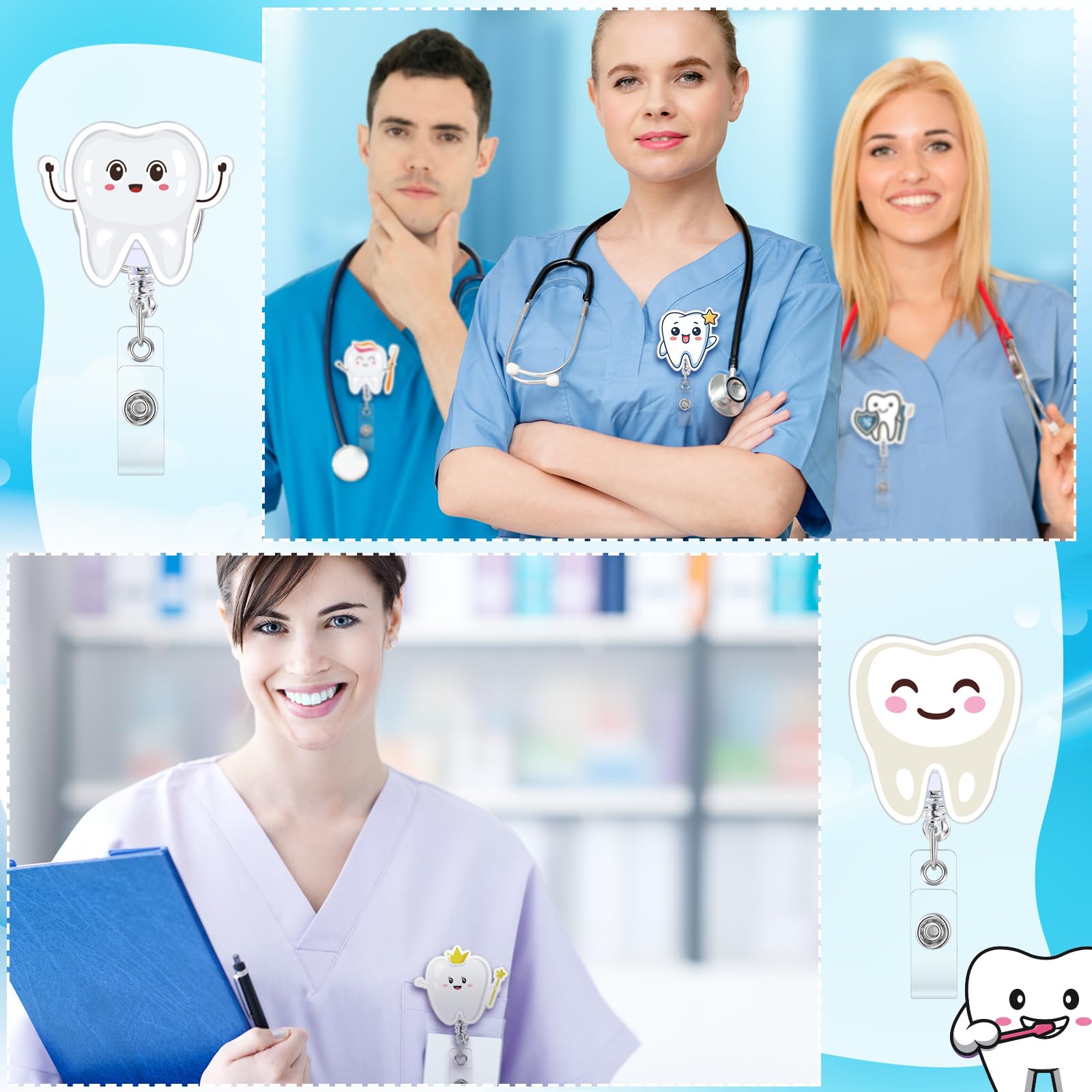 Geyoga 12 Pcs Dental Badge Reel Dental Hygiene Appreciation Gifts Tooth Shaped Badge Holder Retractable with ID Clip for Nurse Week Coworker Office Hygiene Hygienist School Student Friend Graduation