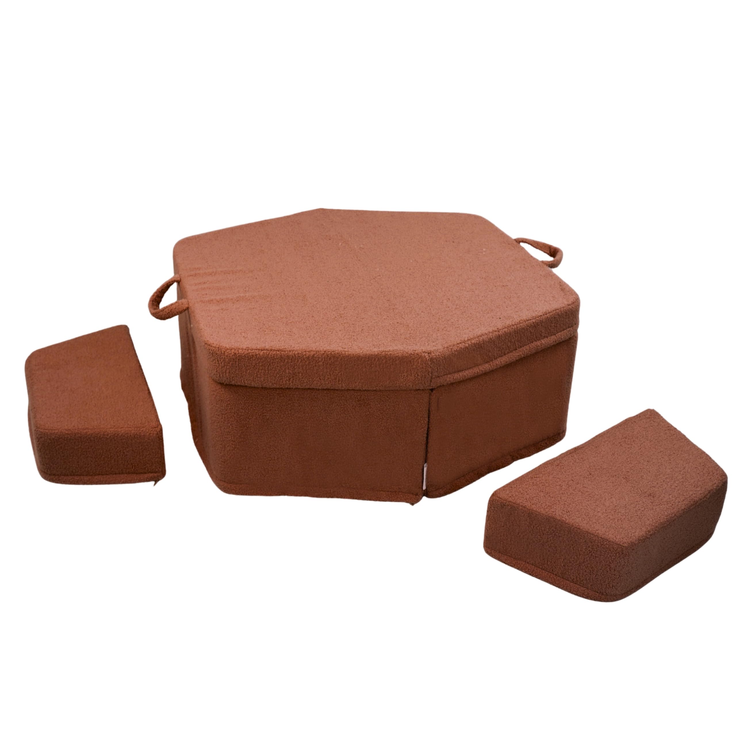 Flumi Kinderspielplatz aus Schaumstoff Montessori 6-teiliges Indoor Spielset, modulare Softbausteine für motorische Entwicklung mit waschbarem Bezug (braun Boucle)