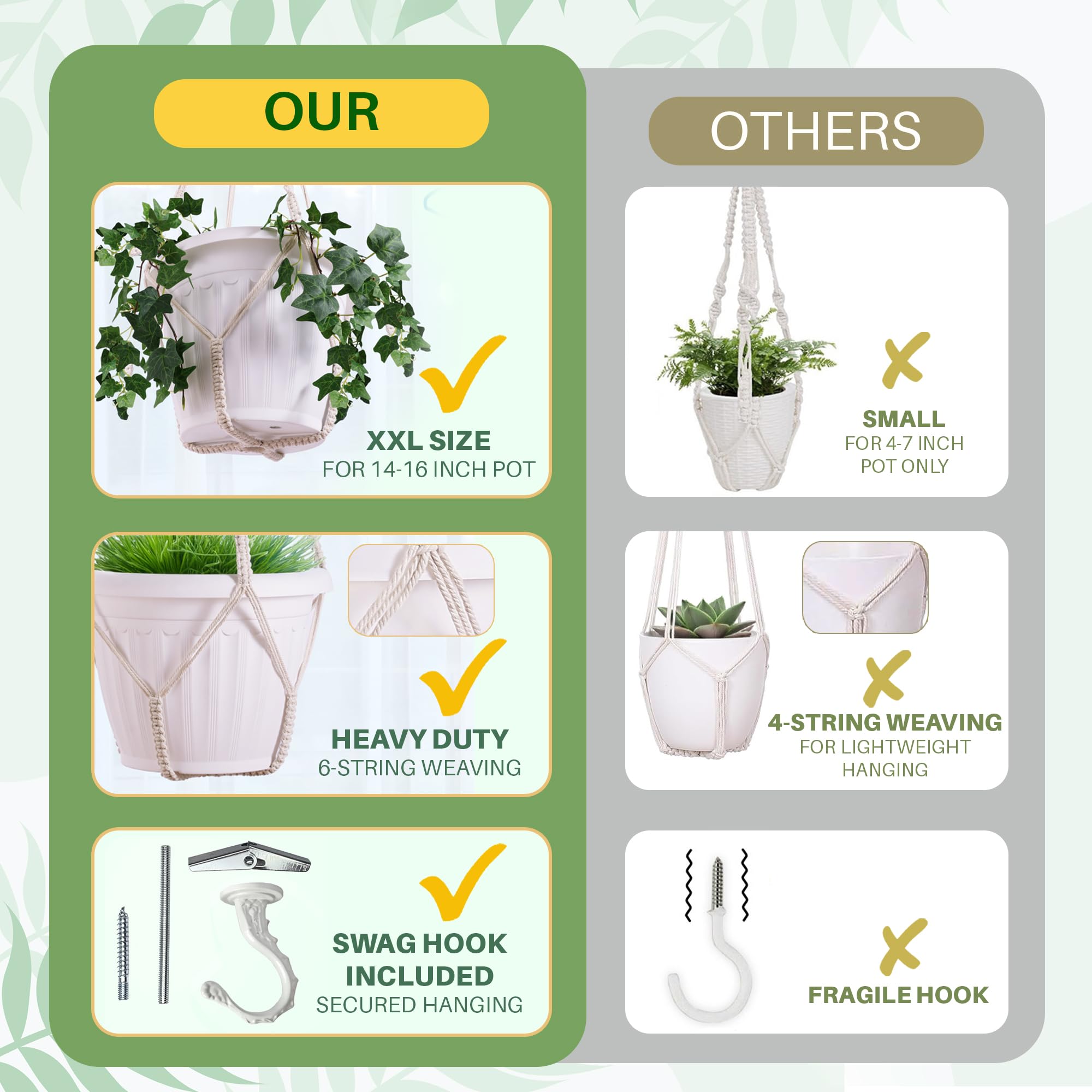 Lot de 2 suspensions géantes XXL de 140 cm en macramé pour pot de 38,1 cm + crochet pour plantes d'intérieur | Pot/plante non inclus (jute XXL)