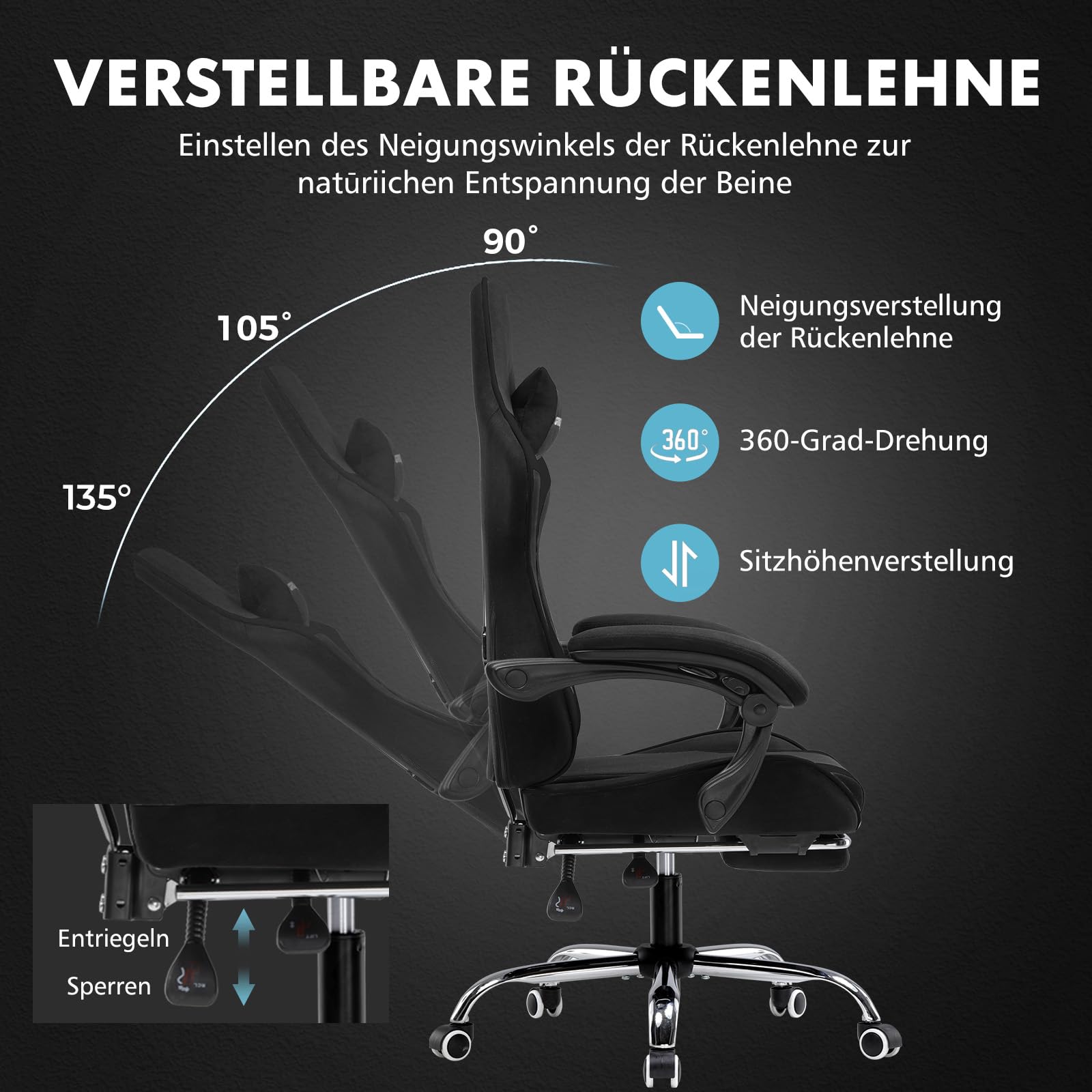 GTPLAYER Sedia da gioco, sedia da ufficio, sedia ergonomica, sedia da gioco, con supporto per massaggi, sedie task con poggiapiedi e poggiatesta, tessuto nero
