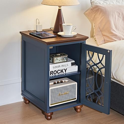 Miniatura 9 de Mesa auxiliar estrecha con estación de carga, mesita de noche con puerta de granero de cristal, mesas auxiliares de noche con estante ajustable,