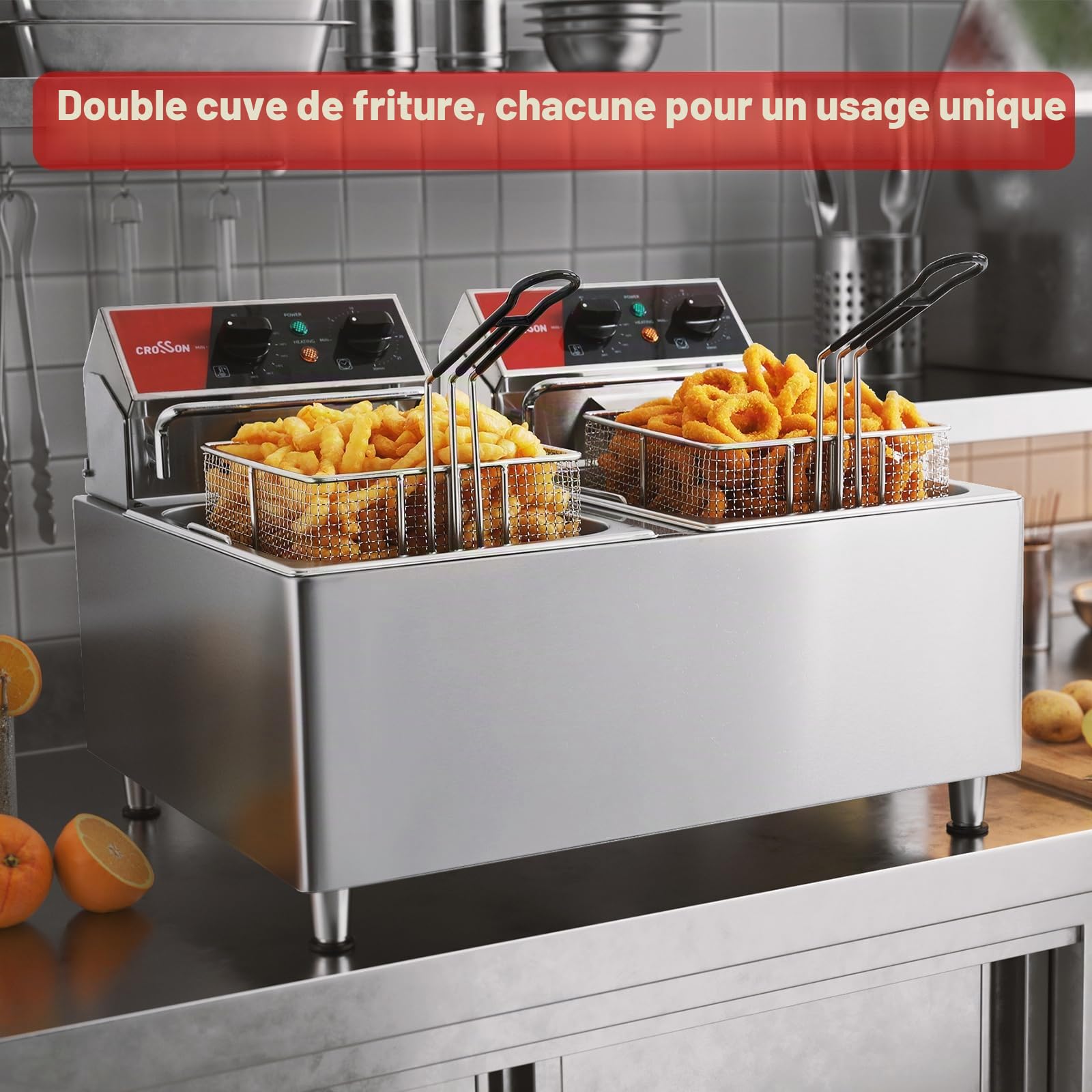 crosson Friteuse électrique CROSSON 16 L à double réservoir avec tête de friteuse rotative, minuterie de 30 minutes, thermostat EGO, friteuse de comptoir pour usage commercial