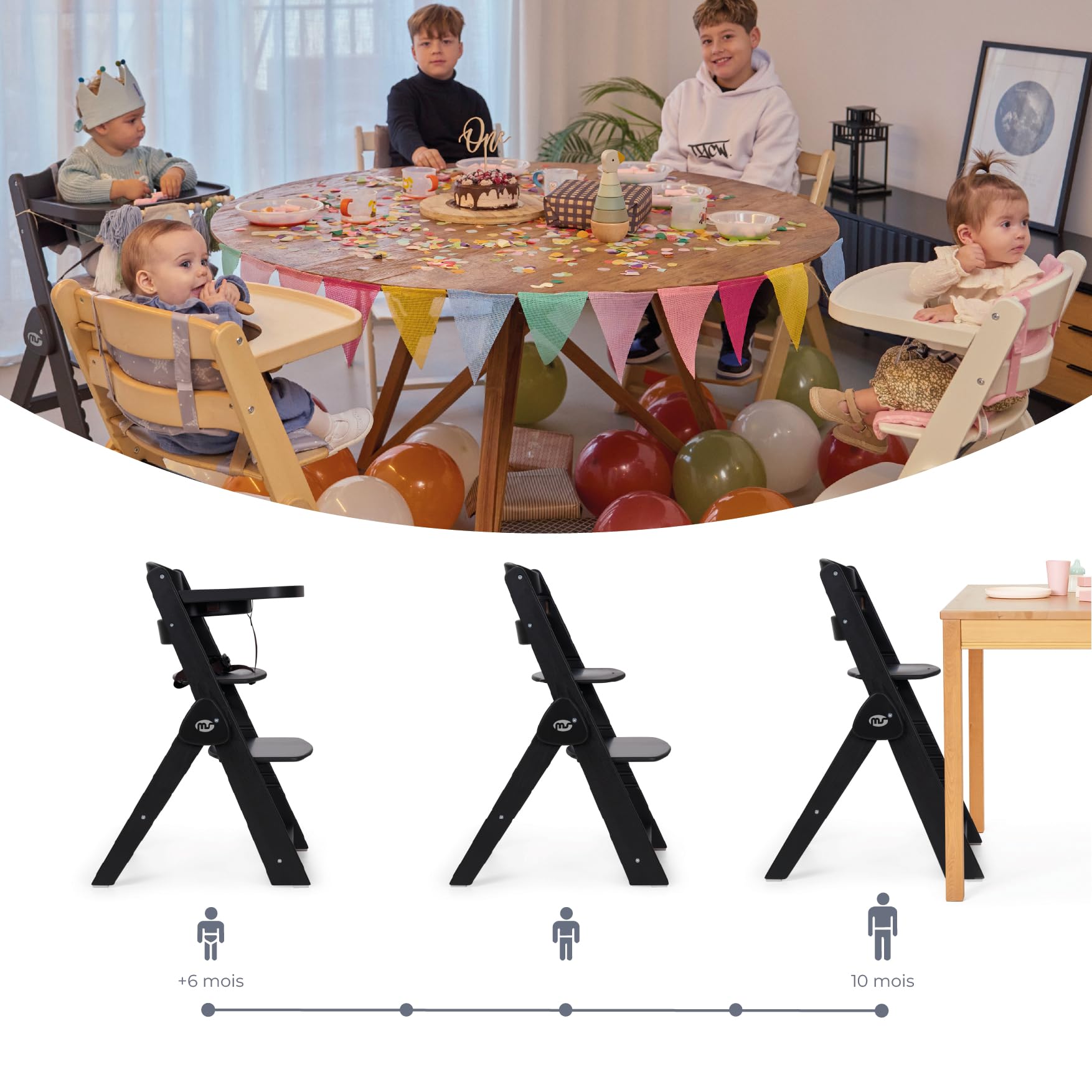 ms Chaise haute pour bébé en bois pliable – évolutive – Chaise haute, ergonomique, réglable, sécurisée, noir/blanc