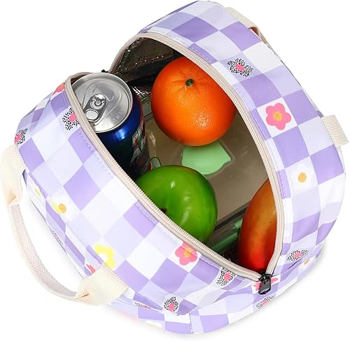 Miniatura 3 de Lonchera térmica a cuadros para mujeres y niñas, lonchera reutilizable para adultos, niños, escuela, trabajo, viajes (morado)