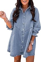Sidefeel Womens Smocked 3 4 Sleeve Button Down Denim Jeans Dresses