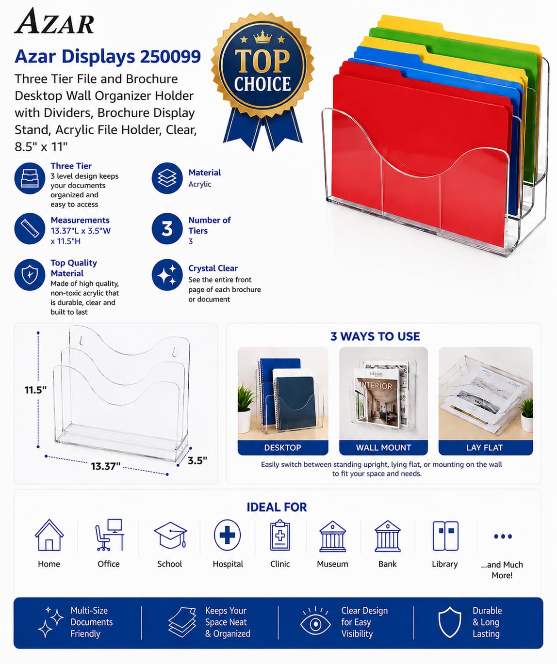 Azar Displays 250099-6PK - Organizador de pared de escritorio de tres niveles con divisores, soporte de exhibición de folletos acrílico, transparente, paquete de 6