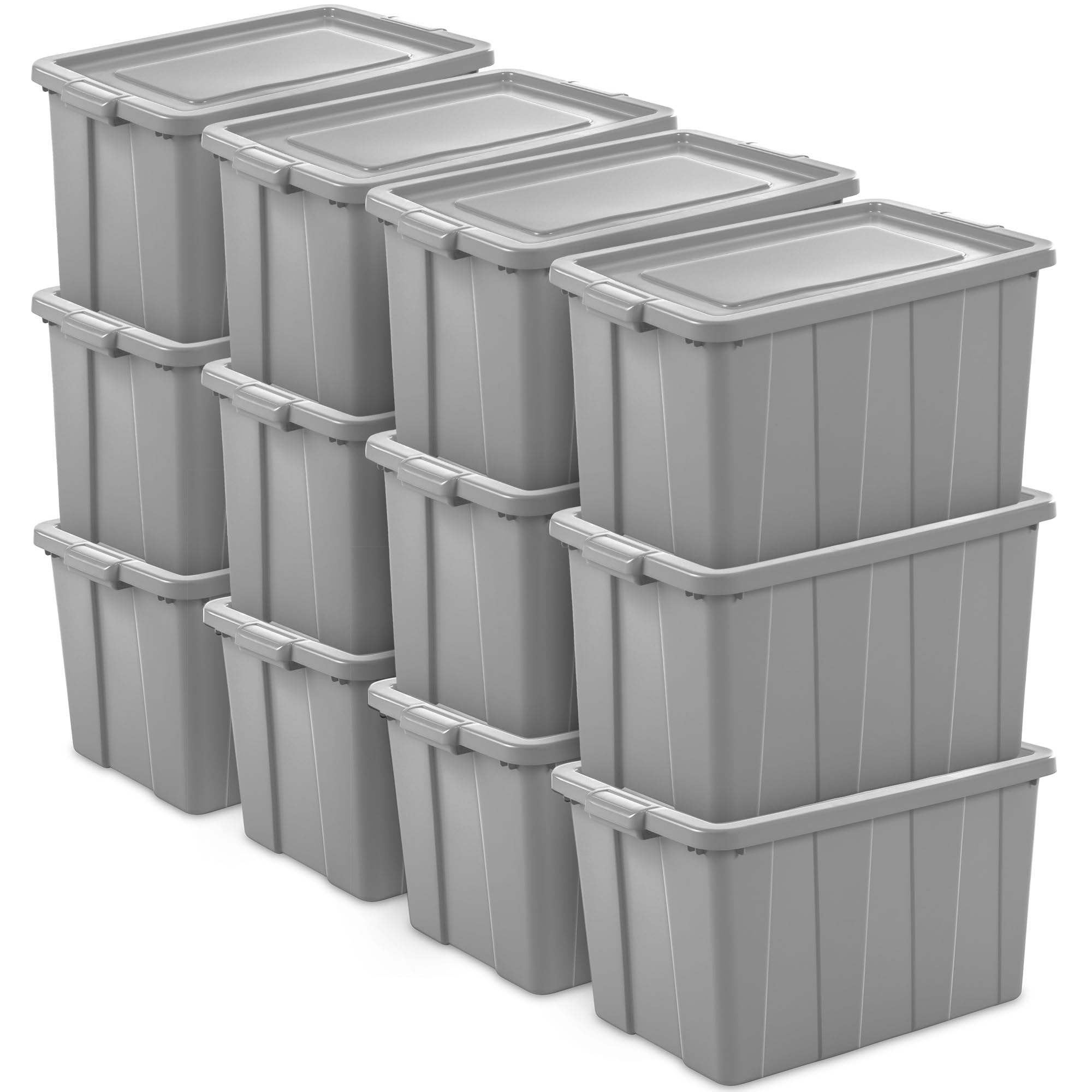 Sterilite Tuff1 30 Gallon Plastic Stackable Temperature and Impact Resilient Basement/Garage/Attic Storage Tote Container Bin with Lid, Gray (12 Pack)