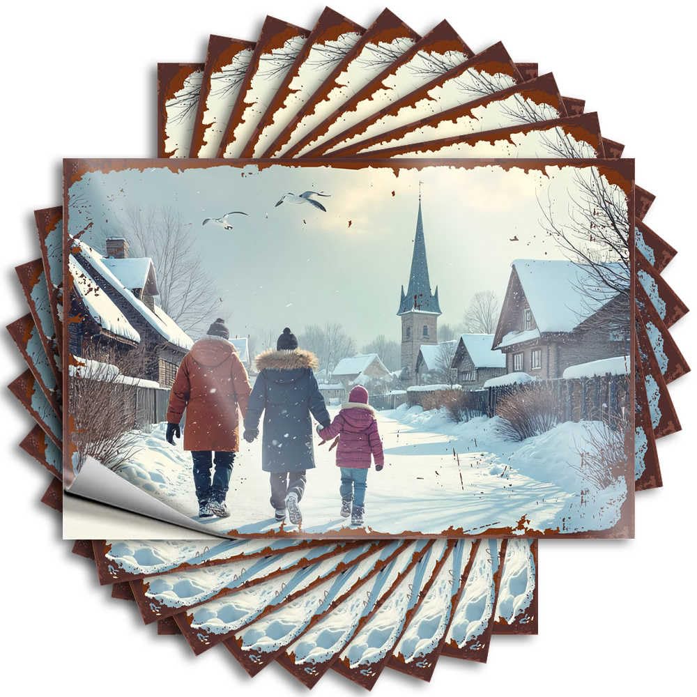 Snowy Village Walk: Family in Winter Wonderland High Teen Bedroom Decor - Decals Cover Removable Vinyl Decal(8X12CM)