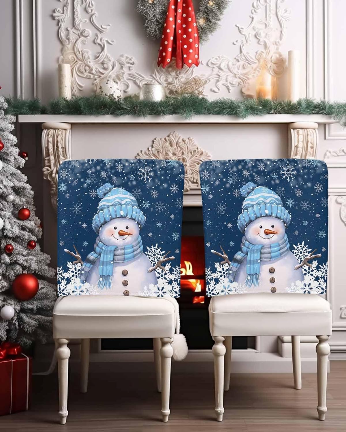Christmas Chair Back Cover Snowman Snowflake Dining Chair Slipcovers Blue Removable Strench Chair Protector for Kitchen Decoration Set of 4