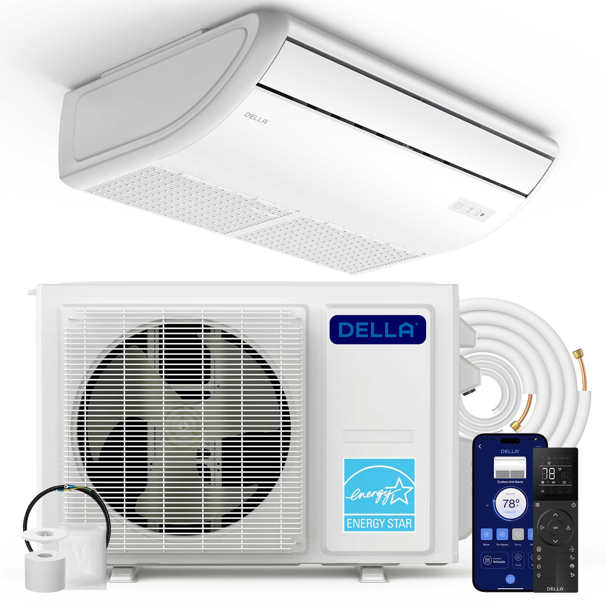 Della DELLA 22200 BTU Floor Ceiling Mini Split AC, 20 SEER2 Inverter System, Energy Star, Heat Pump, Cools Up to 1500 Sq. Ft, 230V, Work with Alexa and Wifi, Pre-Charged Condenser,16.4ft Installation Kit