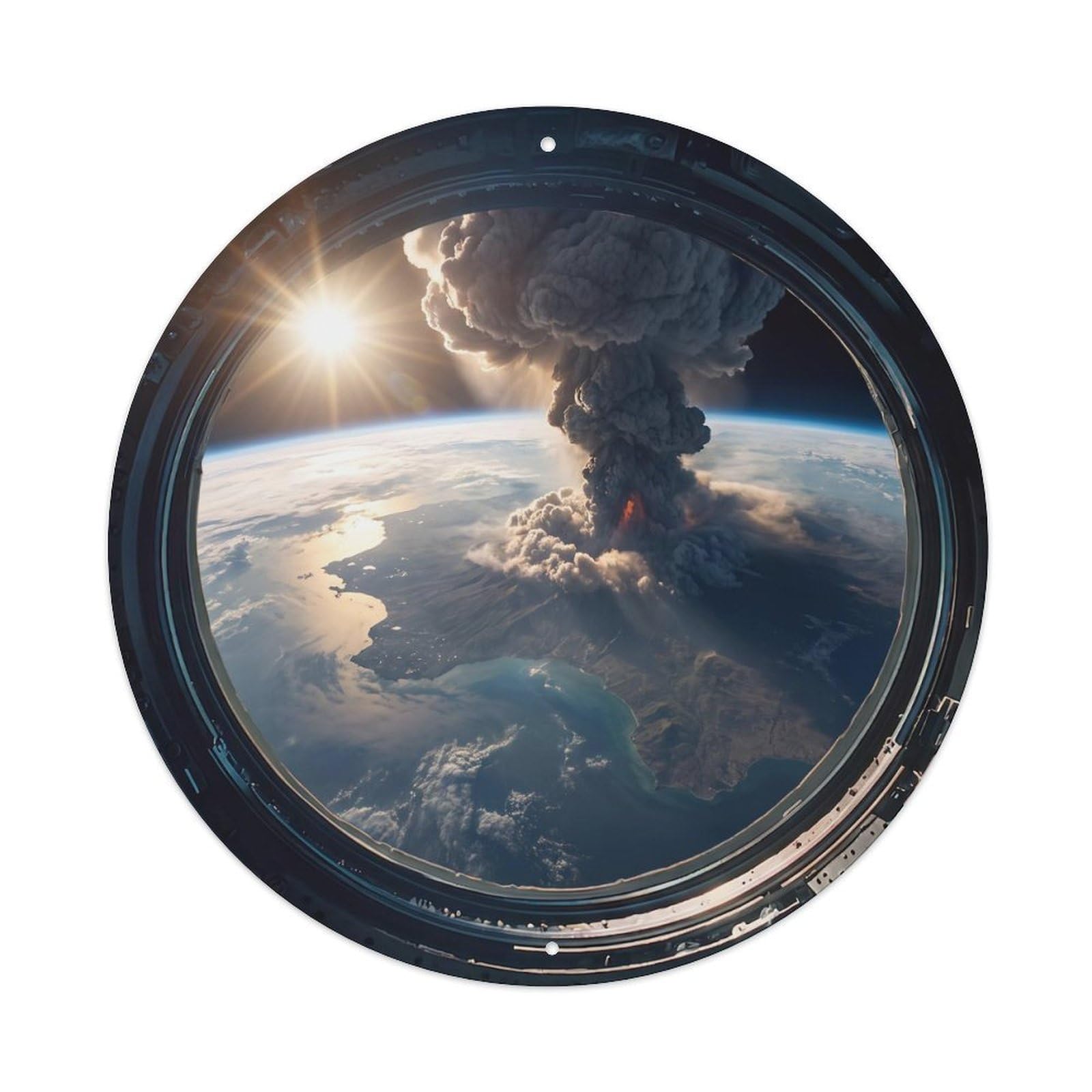 Metal Tin Sign Earth Volcanic Clouds from Space Station Porthole