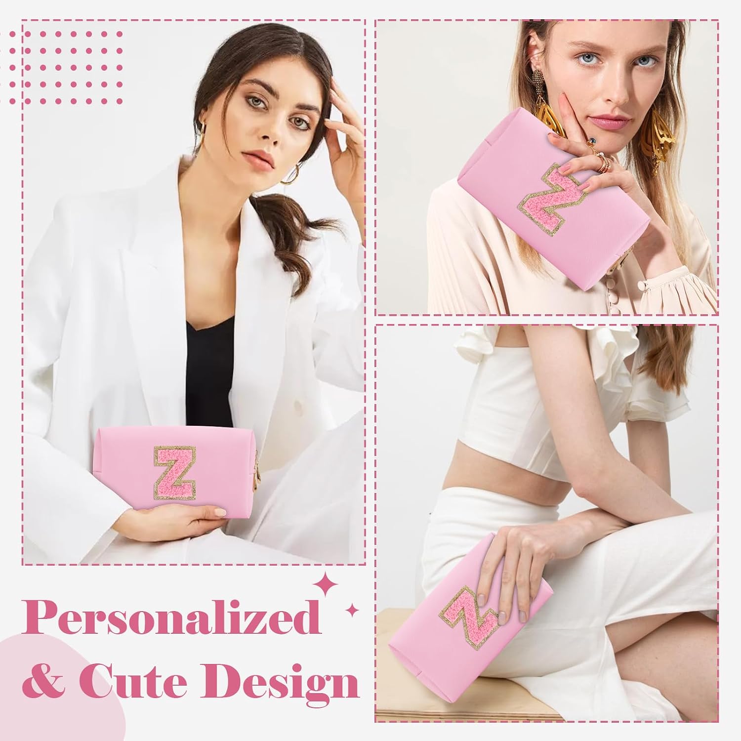 Personalized Initial A-Z Preppy Patch Makeup Bag,Small PU Leather Chenille Letter Cosmetic Bag with Zipper for Teen Girls,Pink Cute Travel Toiletry Bag,Birthday Monogrammed Gift for Daughter,Letter Z image 4