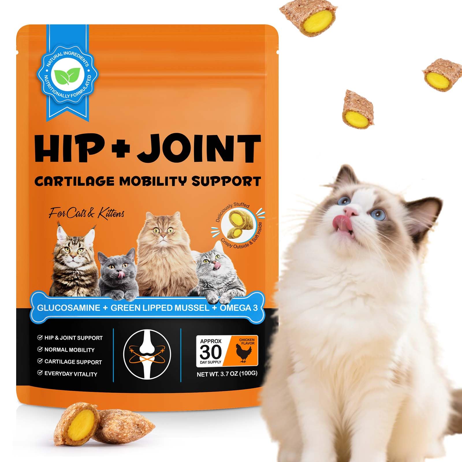 MXCZBSM Cat Hip & Joint Health Chews – Supports Mobility & Cartilage with Glucosamine & Green Lipped Mussel,Crunchy Outside & Soft Inside Chicken Flavour, For Cats & Kittens 100g (30-Day Supply)