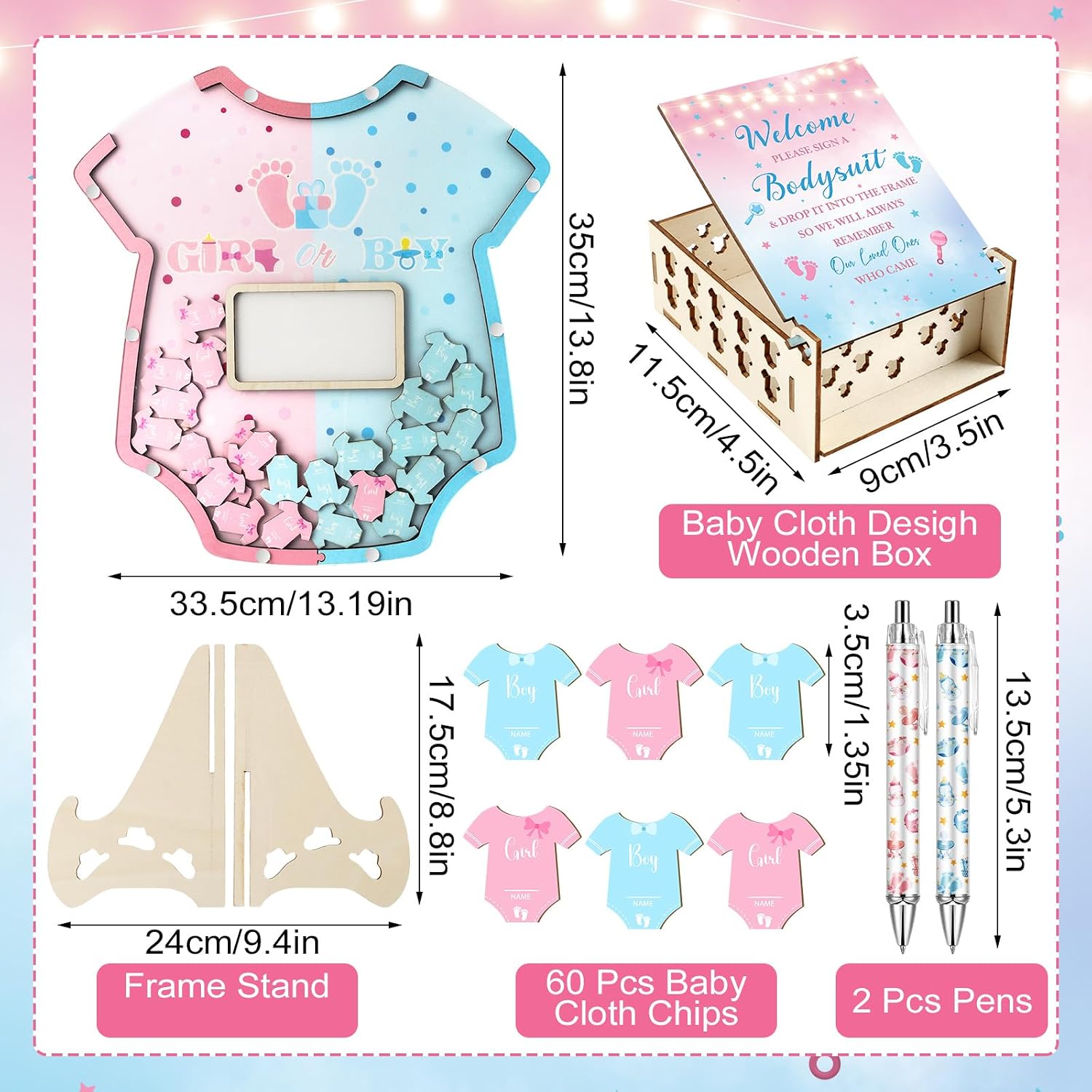 Girl or Boy Baby Shower Guest Book Alternative Set, Wooden Photo Frame & Stand, 60 Wooden Clothes Slices & Themed Box, 2 Pens Baby Shower Decorations for Guests to Sign Gender Reveal Party Keepsake