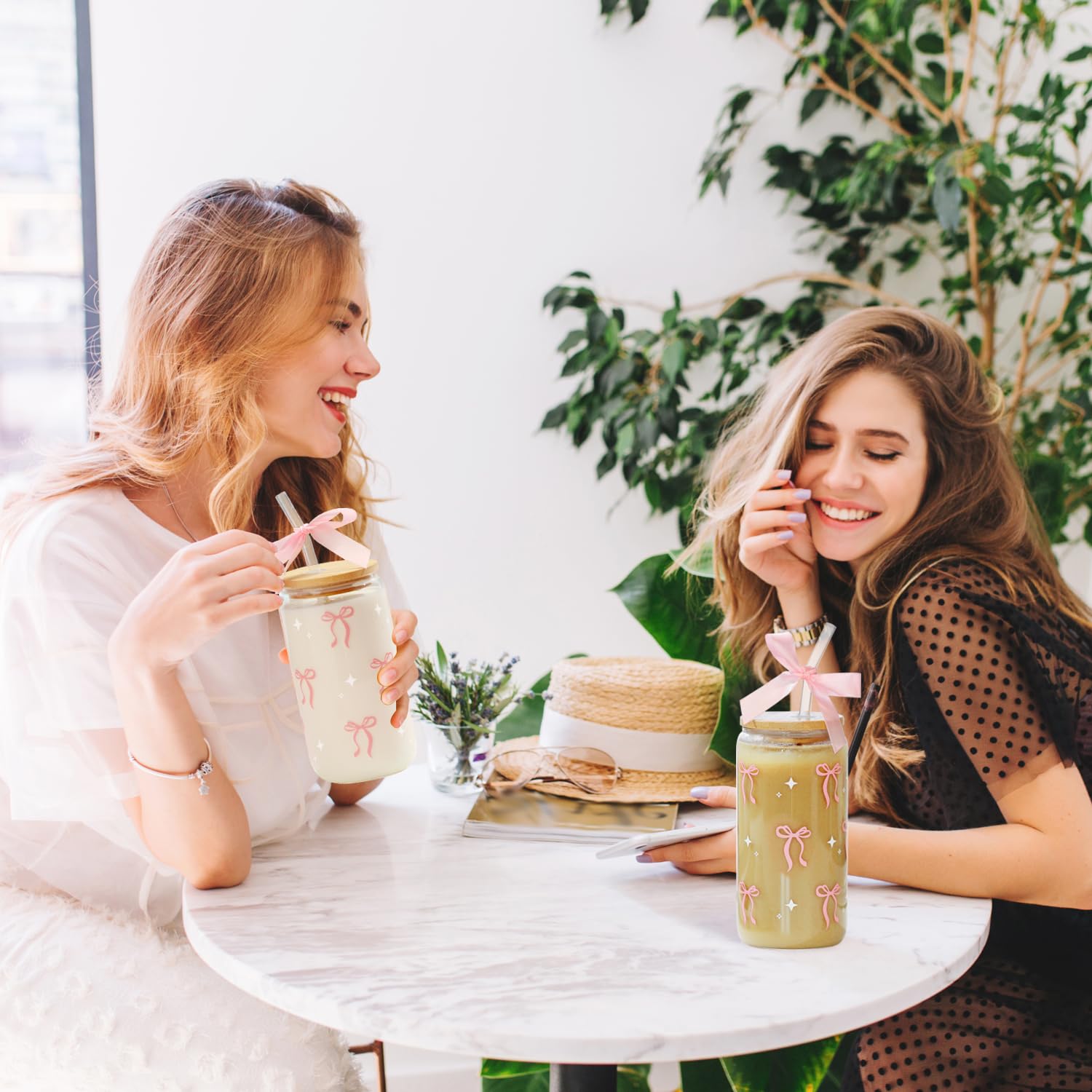 Coquette Bow Aesthetic Cup With Gift Box 16oz Glass Cup with Lids Straws and Black Bow Iced Coffee Smoothie Cute Tumbler with Cleaning Brush for Girls Bestfriend Sister Girlfriend, Preppy Stuff