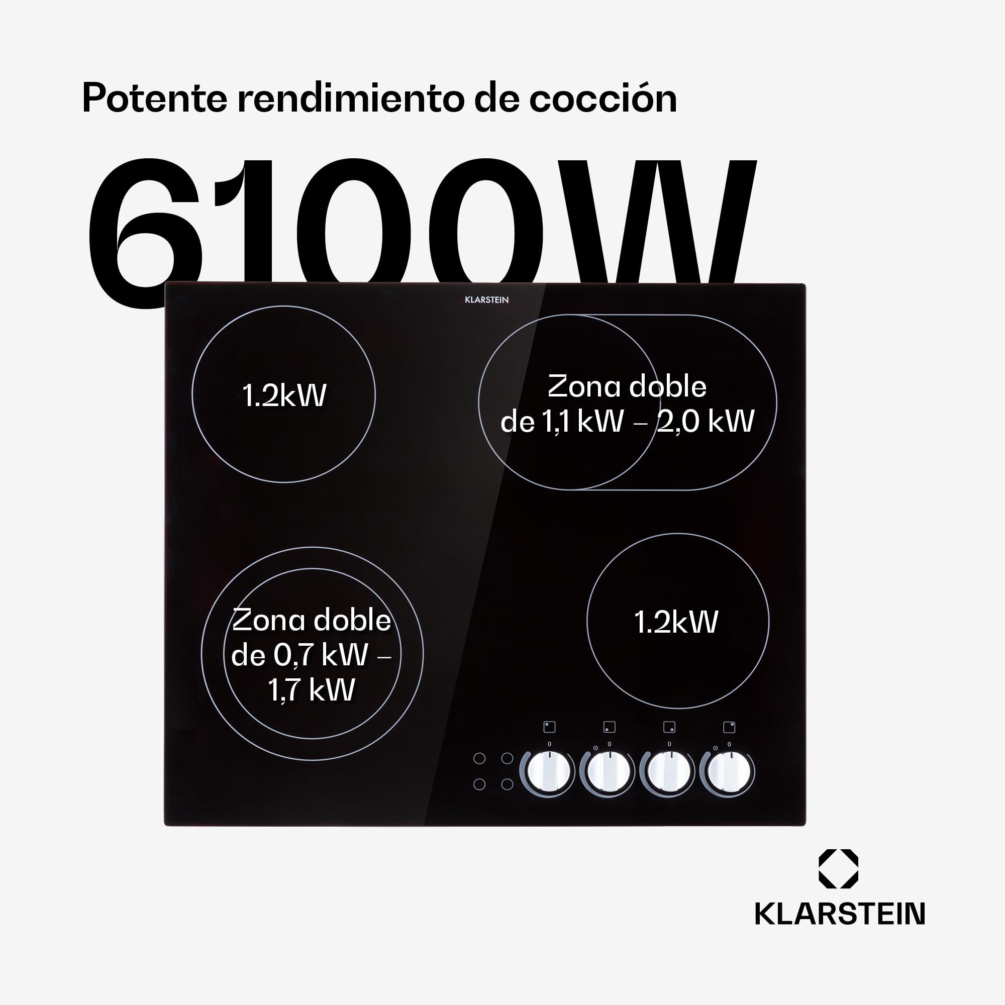 Klarstein Placa Vitrocerámica 6100W, Encimera Eléctrica de 4 Fuegos, Placa de Cocina Eléctrica Integrada, Vitrocerámica con Control Táctil