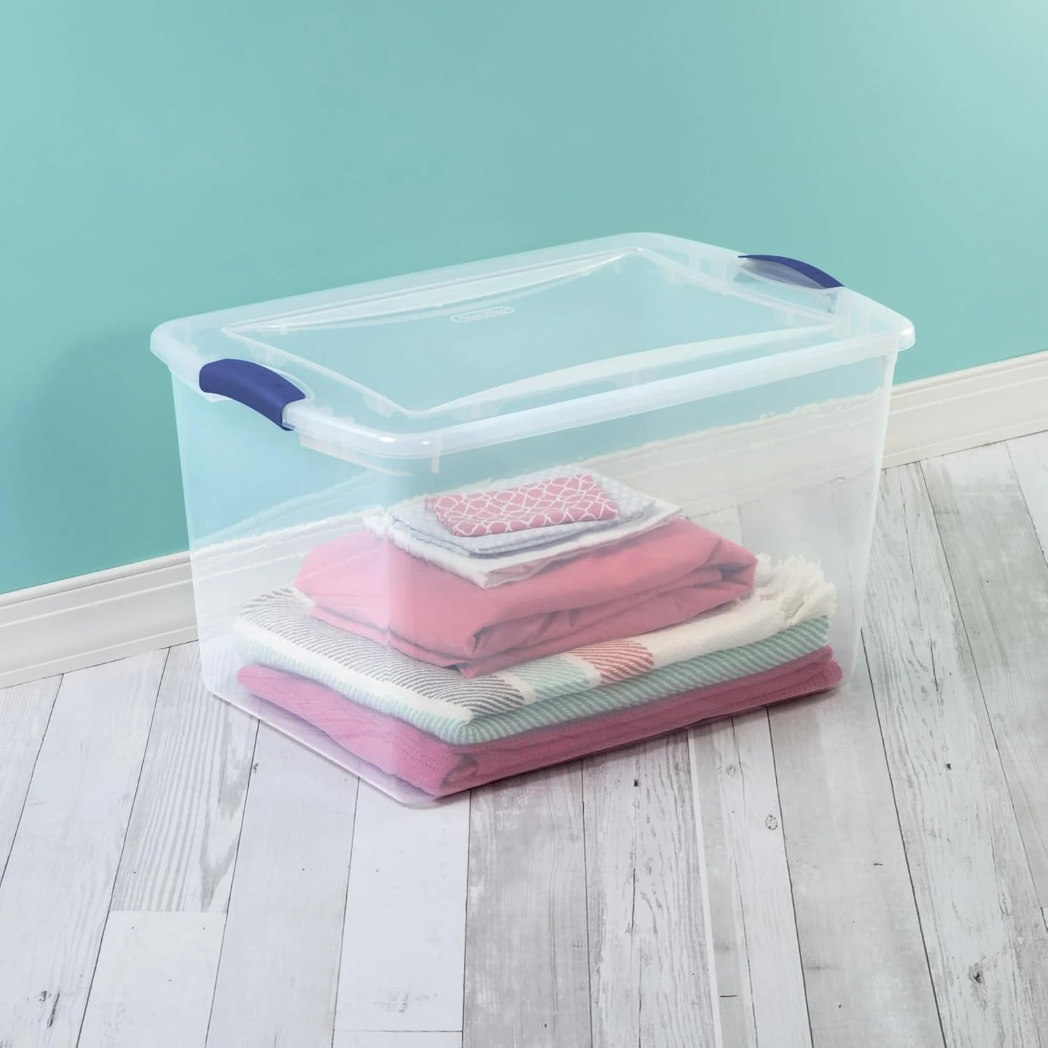 K&J CHIPMUNK Storage Bin 66 Qt ClearView Latch Storage Box Plastic, Stackable Bin with Latching Lid, Plastic Container to Organize Clothes in Closet, Clear Base, Lid, 6-Pack