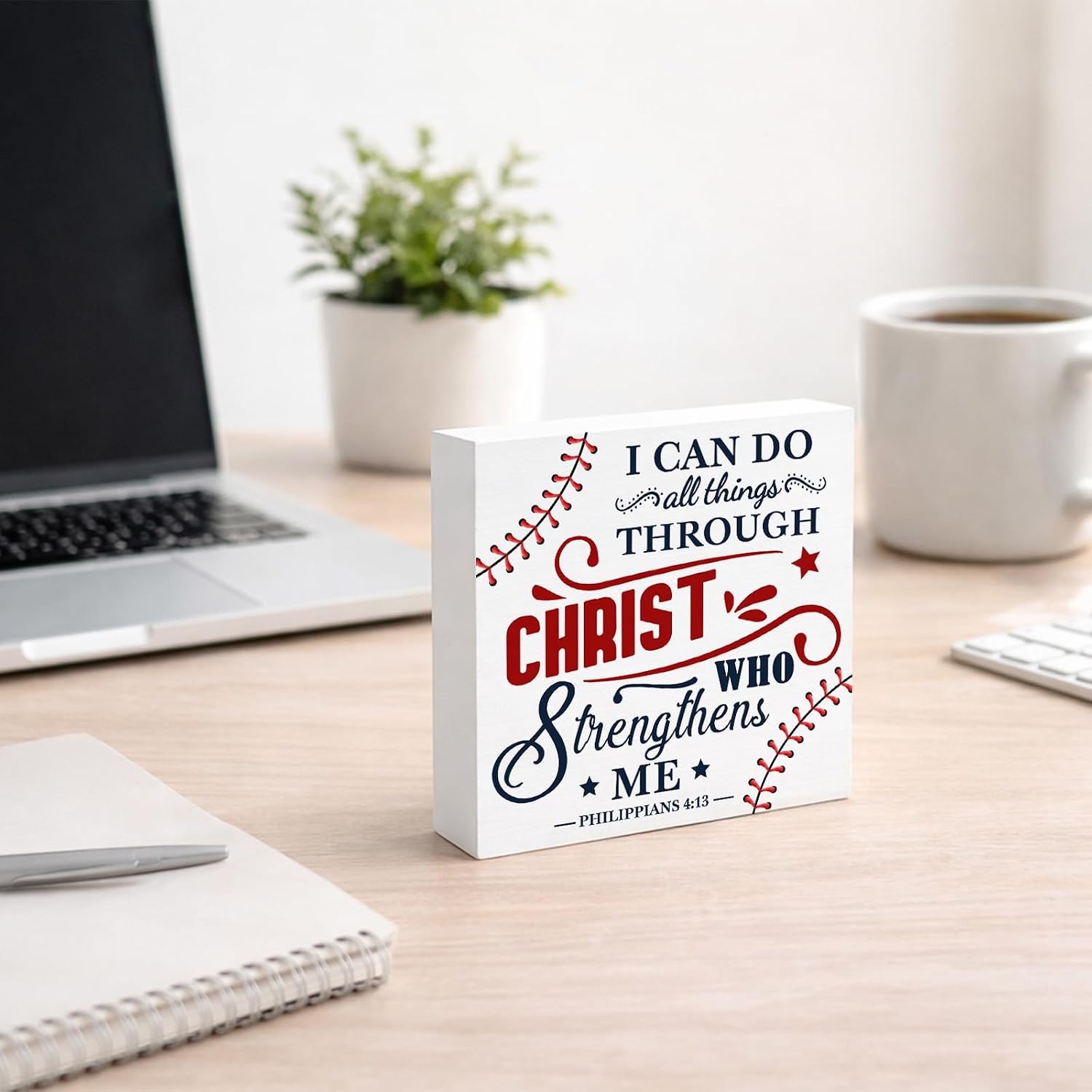Christian Baseball Decor, Inspirational Baseball Gifts for Boys Sports Lover, I Can Do All Things Through Christ Wooden Block Sign for Home Office Desk Decoration 5 x 5 Inch image 2